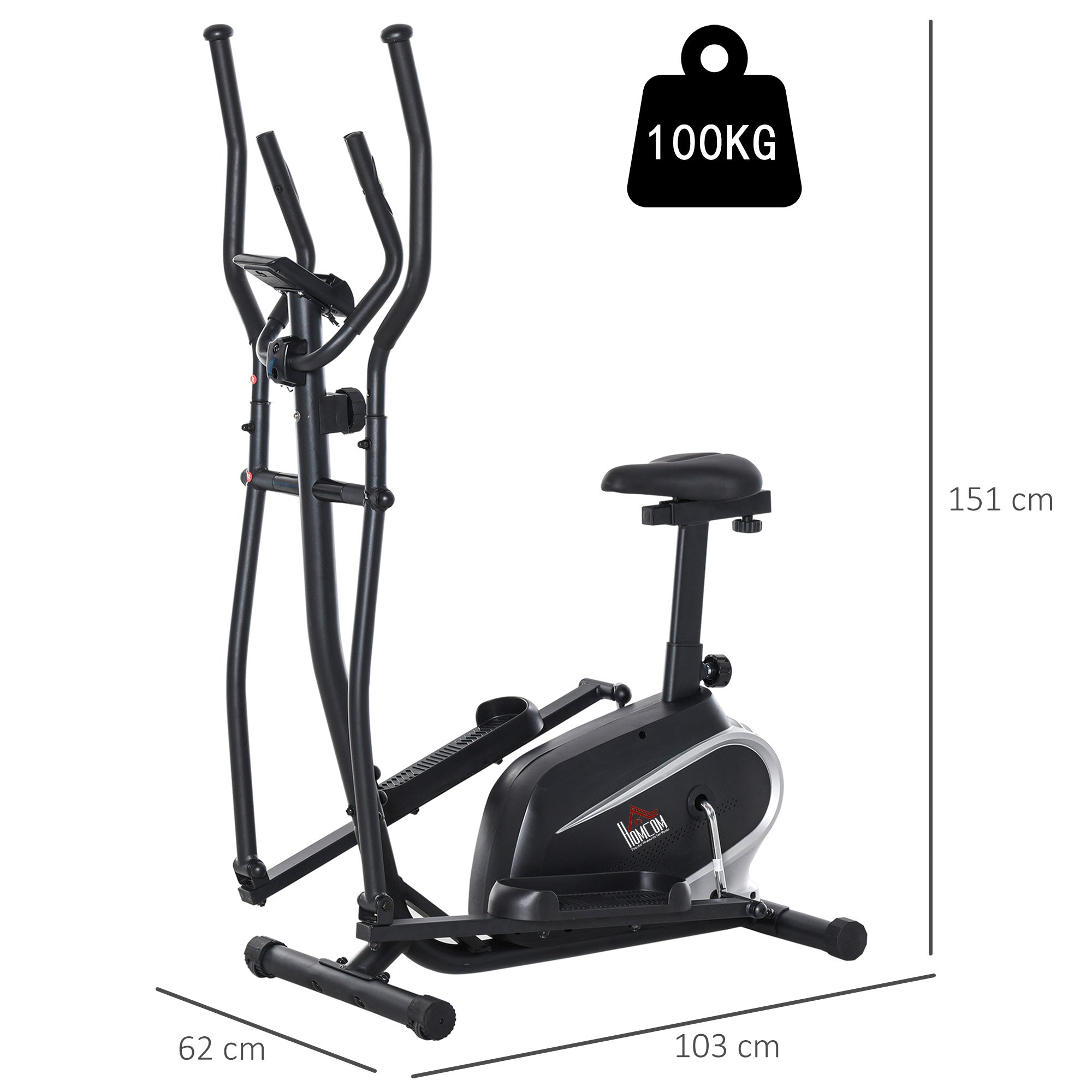 Bicicleta Elíptica Fitness Resistência Magnética Ajustável 103x62x151 cm Preto