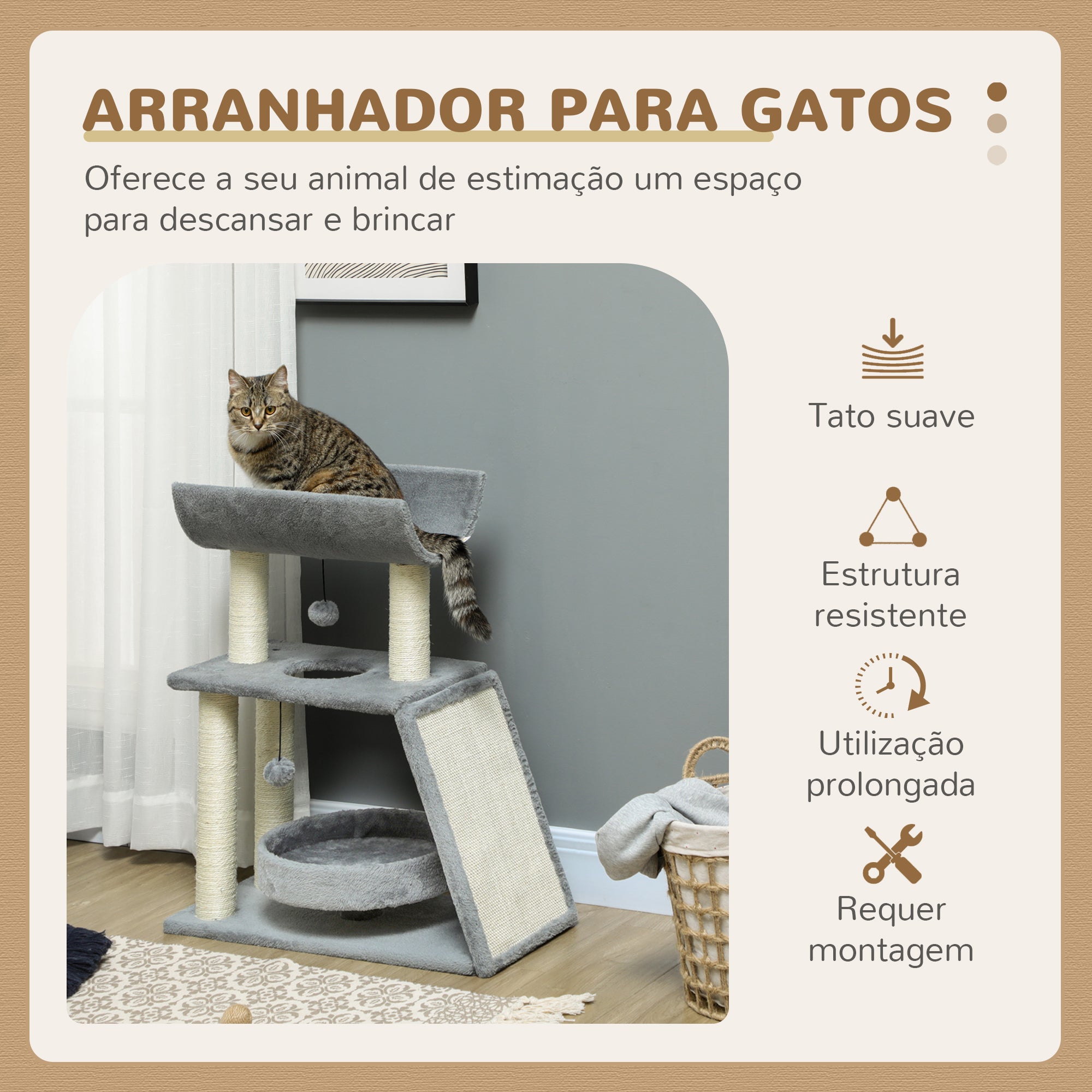 Arranhador para Gatos Altura 76 cm Cinzento