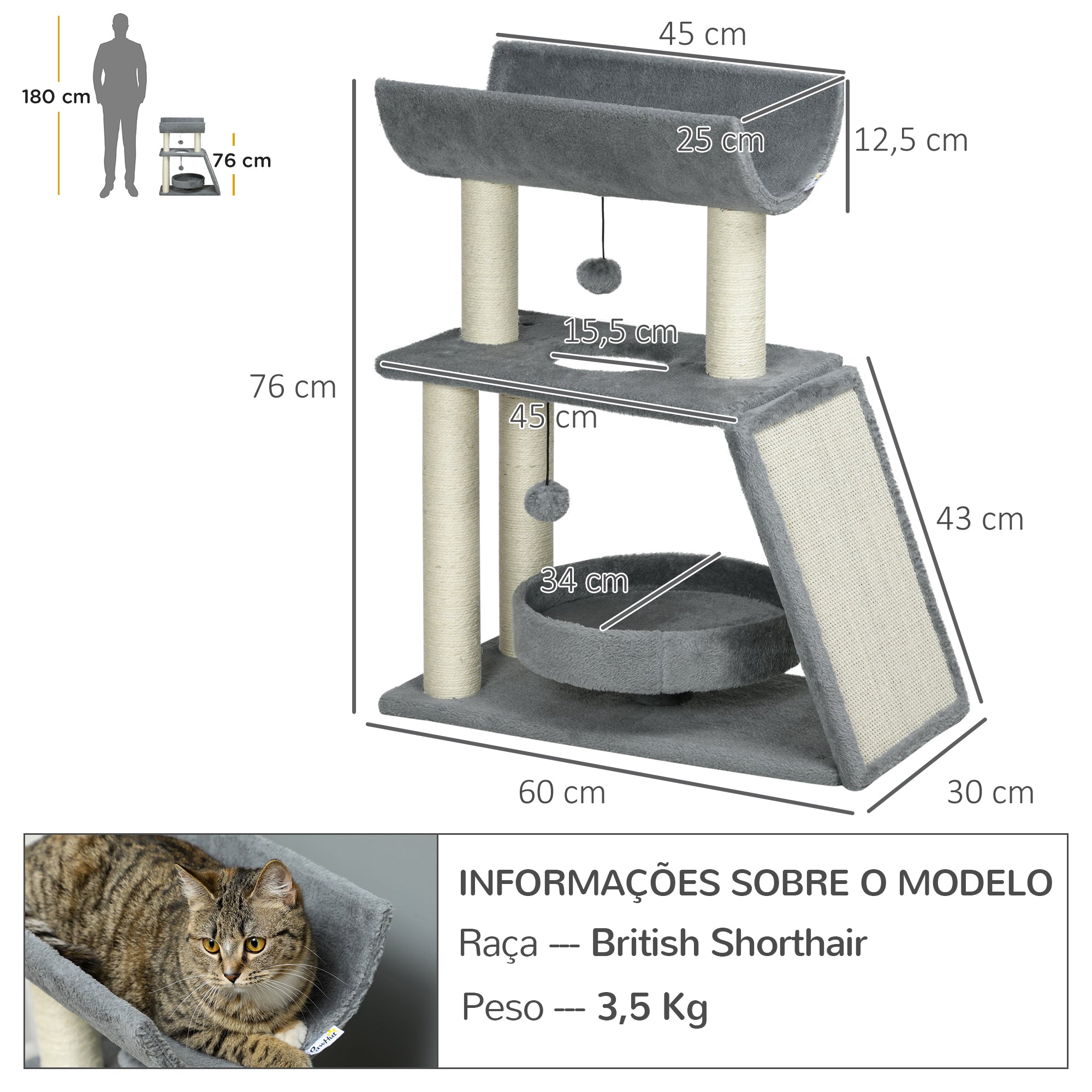 Arranhador para Gatos Altura 76 cm Cinzento