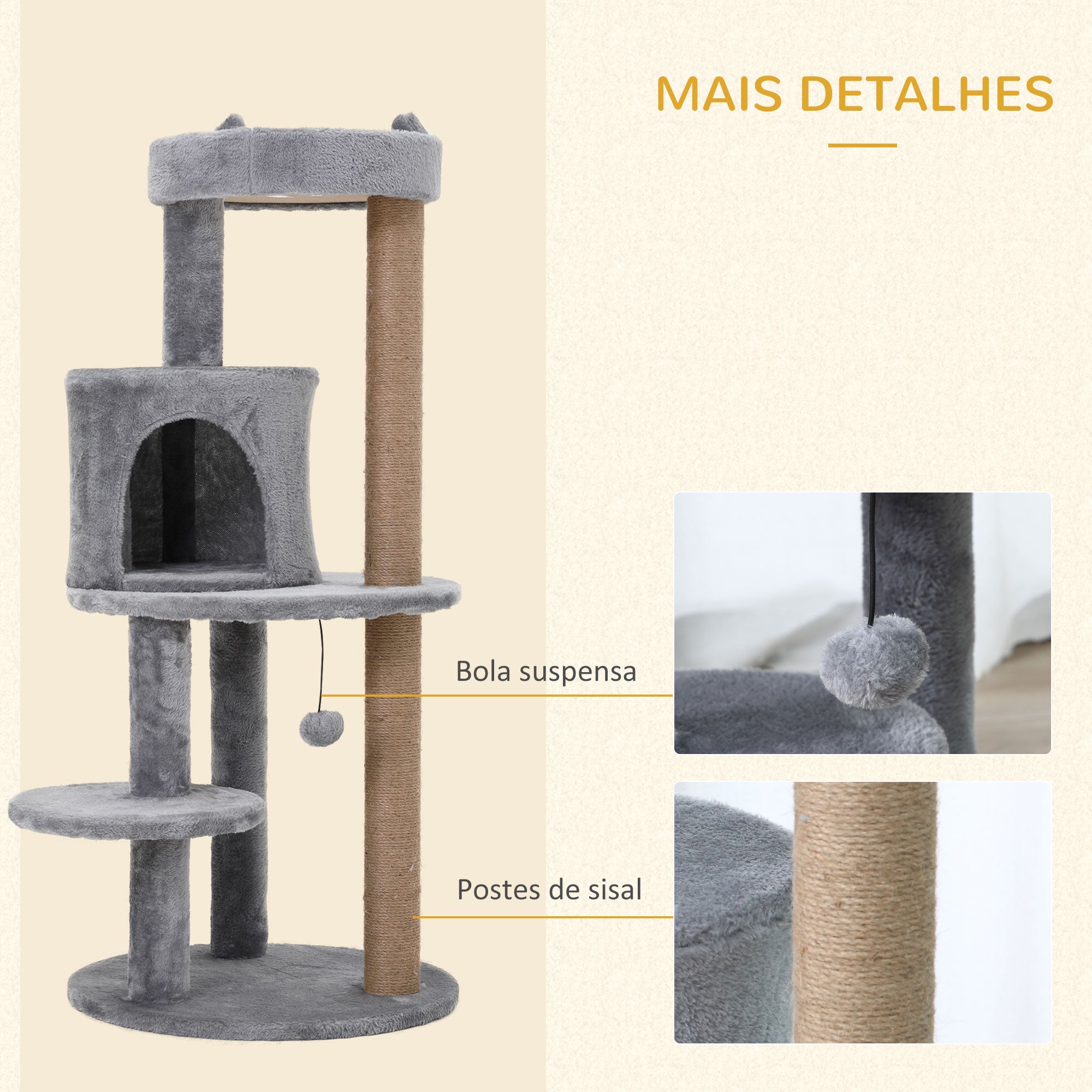 Árvore Arranhador para Gatos 48x48x104 cm Cinza