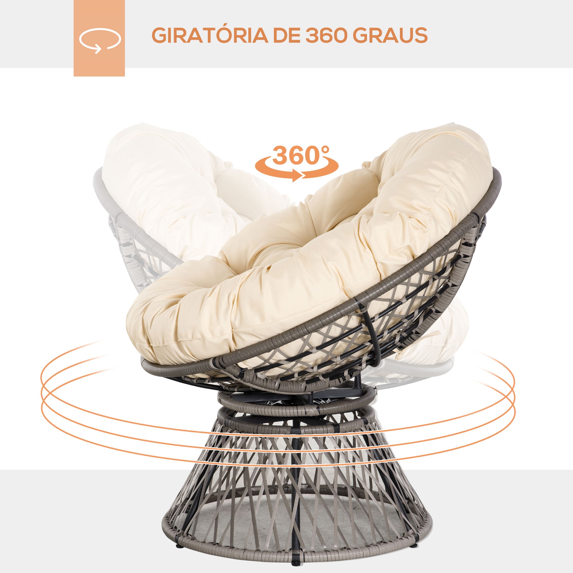 Poltrona Papasan Giratória de Vime Sintético Cinza e Creme 87x97x90 cm