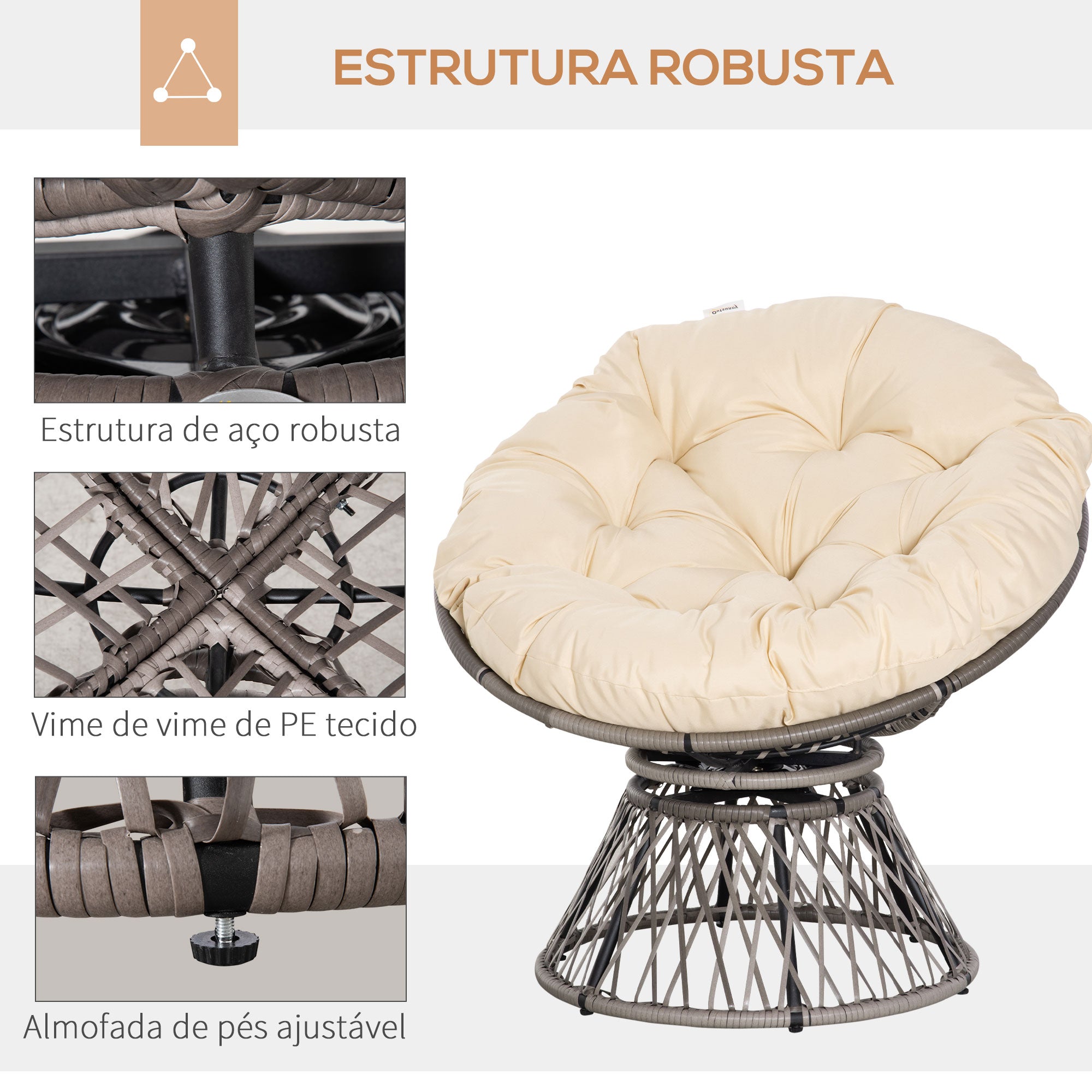 Poltrona Papasan Giratória de Vime Sintético Cinza e Creme 87x97x90 cm
