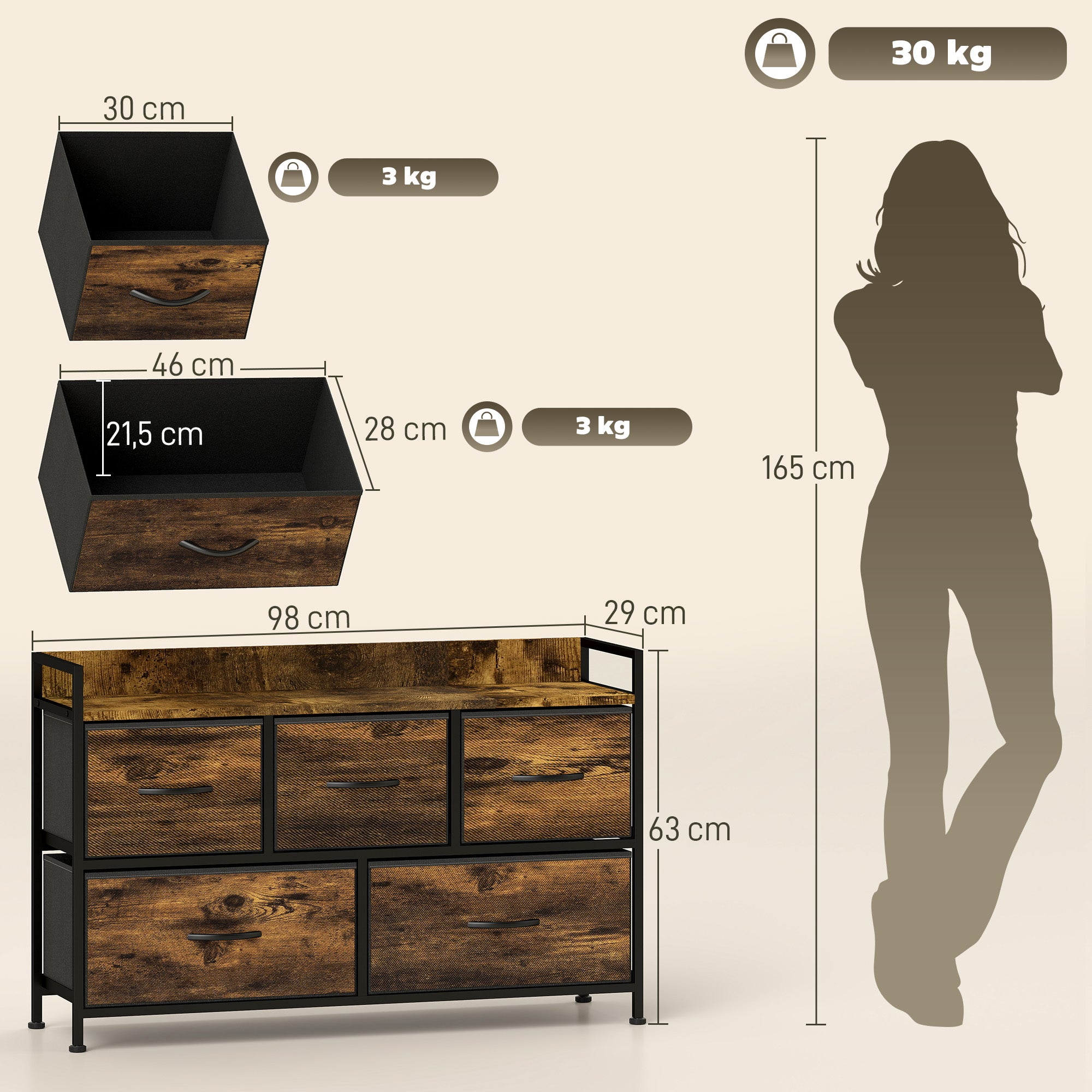 Cómoda de Tecido com 5 Gavetas - 98x29x63 cm - Castanho Rústico