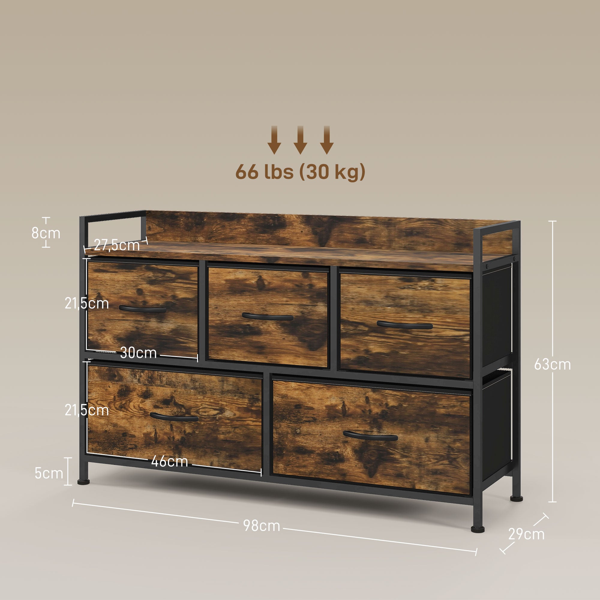 Cómoda de Tecido com 5 Gavetas - 98x29x63 cm - Castanho Rústico