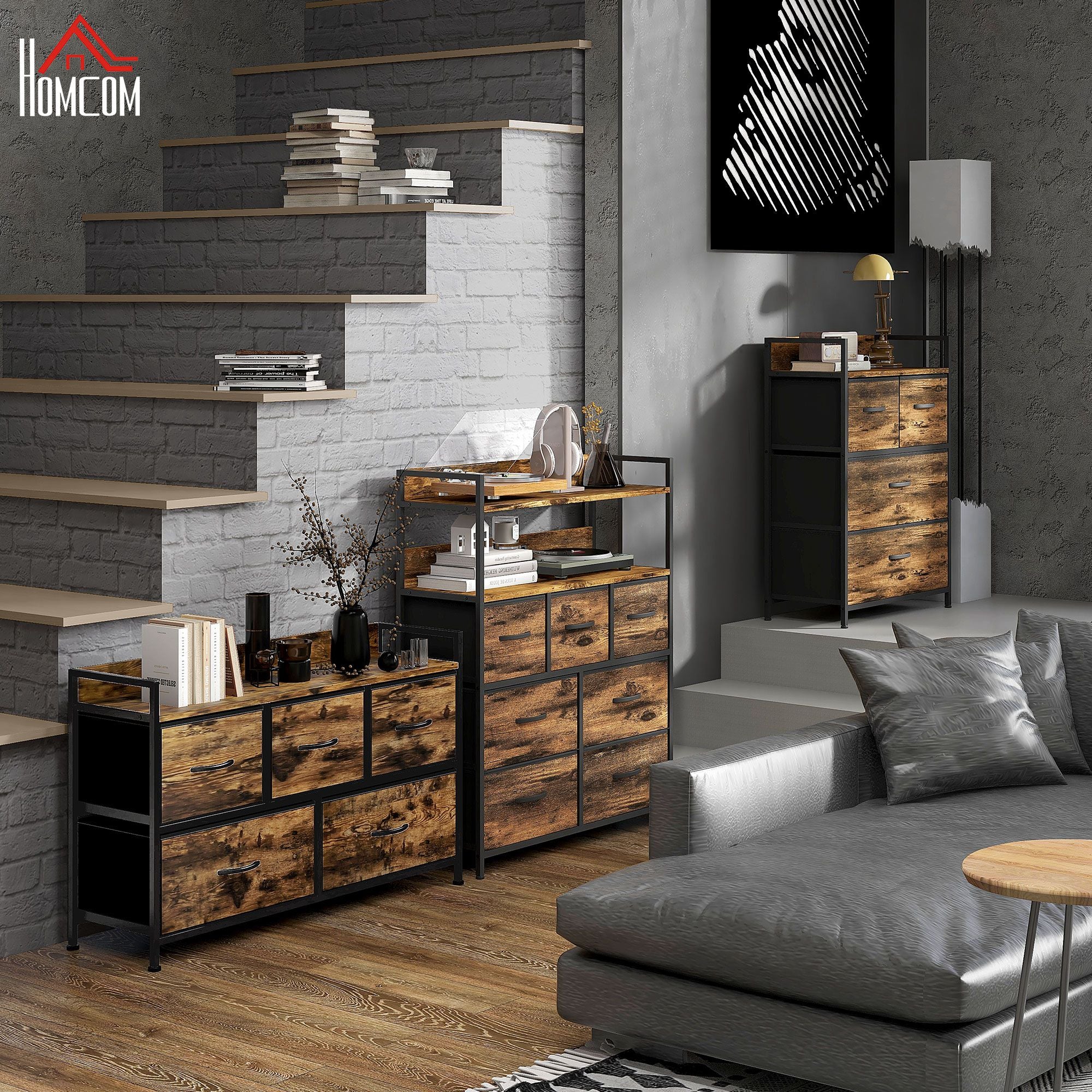 Cómoda de Tecido com 5 Gavetas - 98x29x63 cm - Castanho Rústico