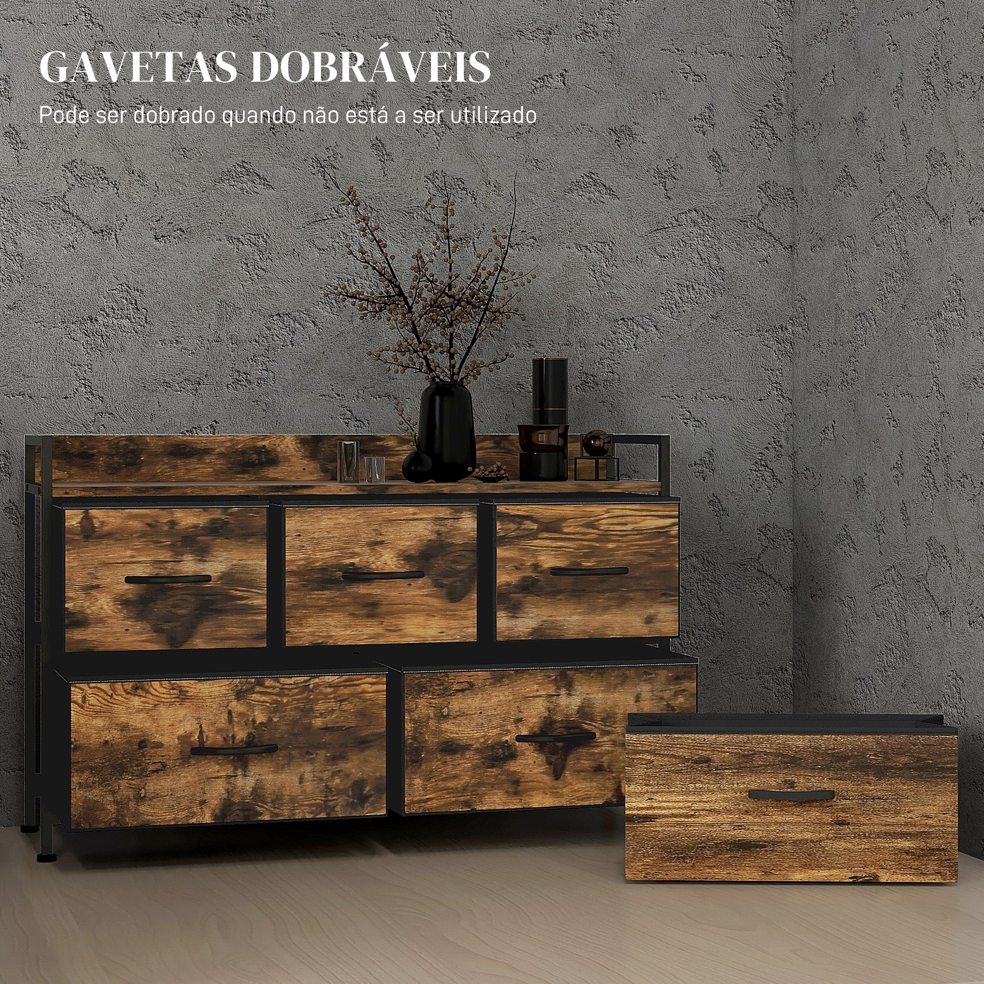 Cómoda de Tecido com 5 Gavetas - 98x29x63 cm - Castanho Rústico