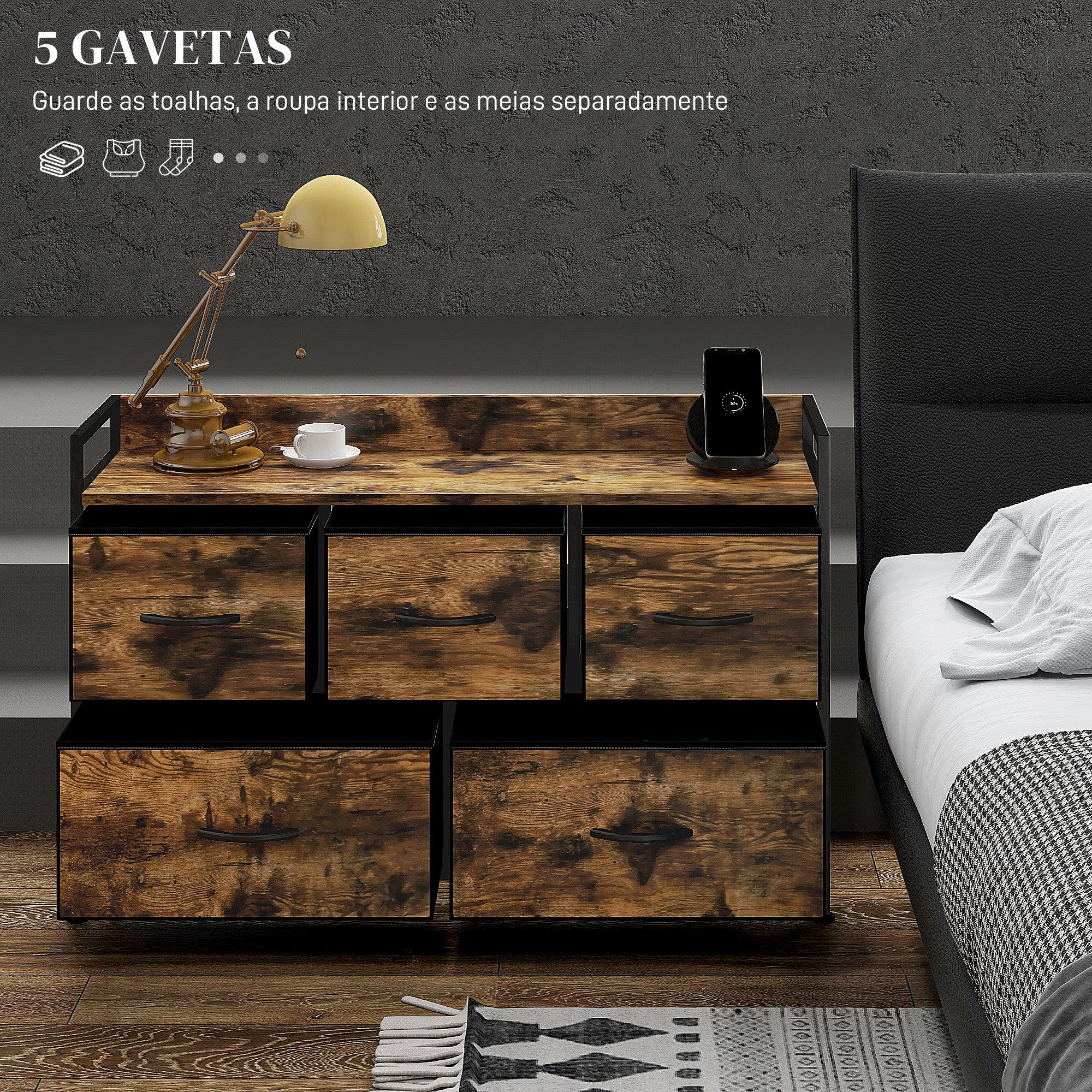 Cómoda de Tecido com 5 Gavetas - 98x29x63 cm - Castanho Rústico