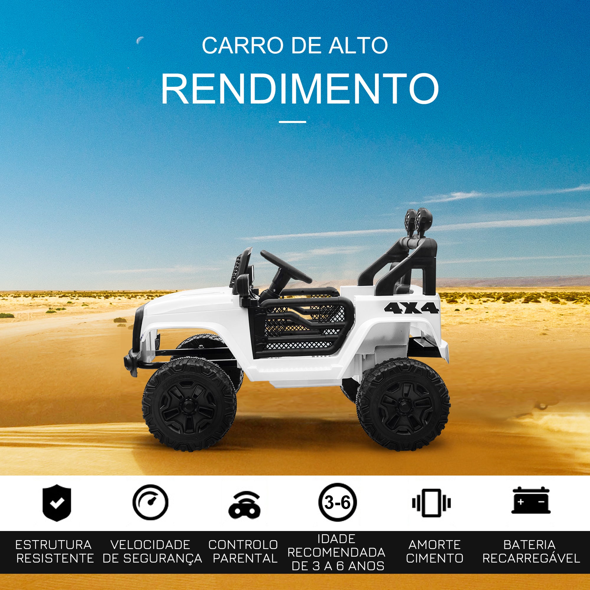 Carro Elétrico Infantil Branco 100x65x72cm - Diversão Segura para Crianças
