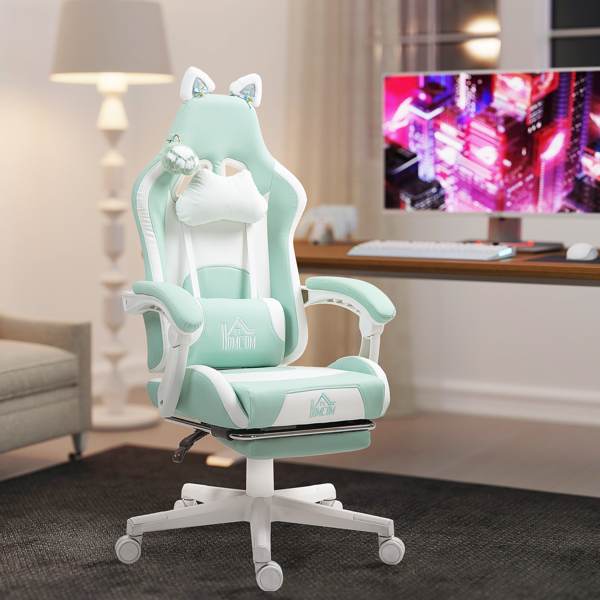 Cadeira Gaming com Orelhas e Apoio para os Pés - 65x62x116-124 cm - Azul Claro