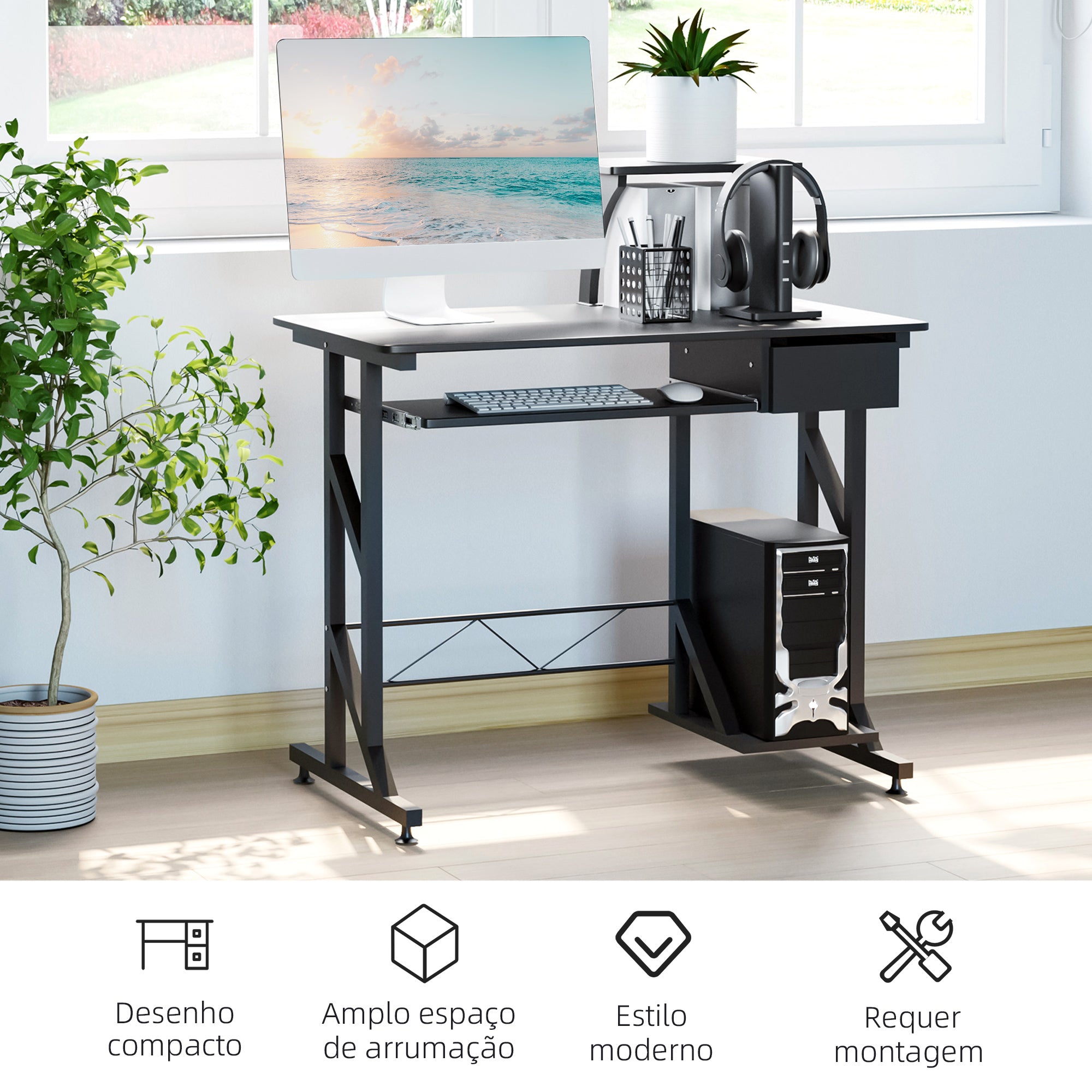 Secretária de Computador com Gaveta e Suporte para CPU 90x50x95 cm - Cor Preto