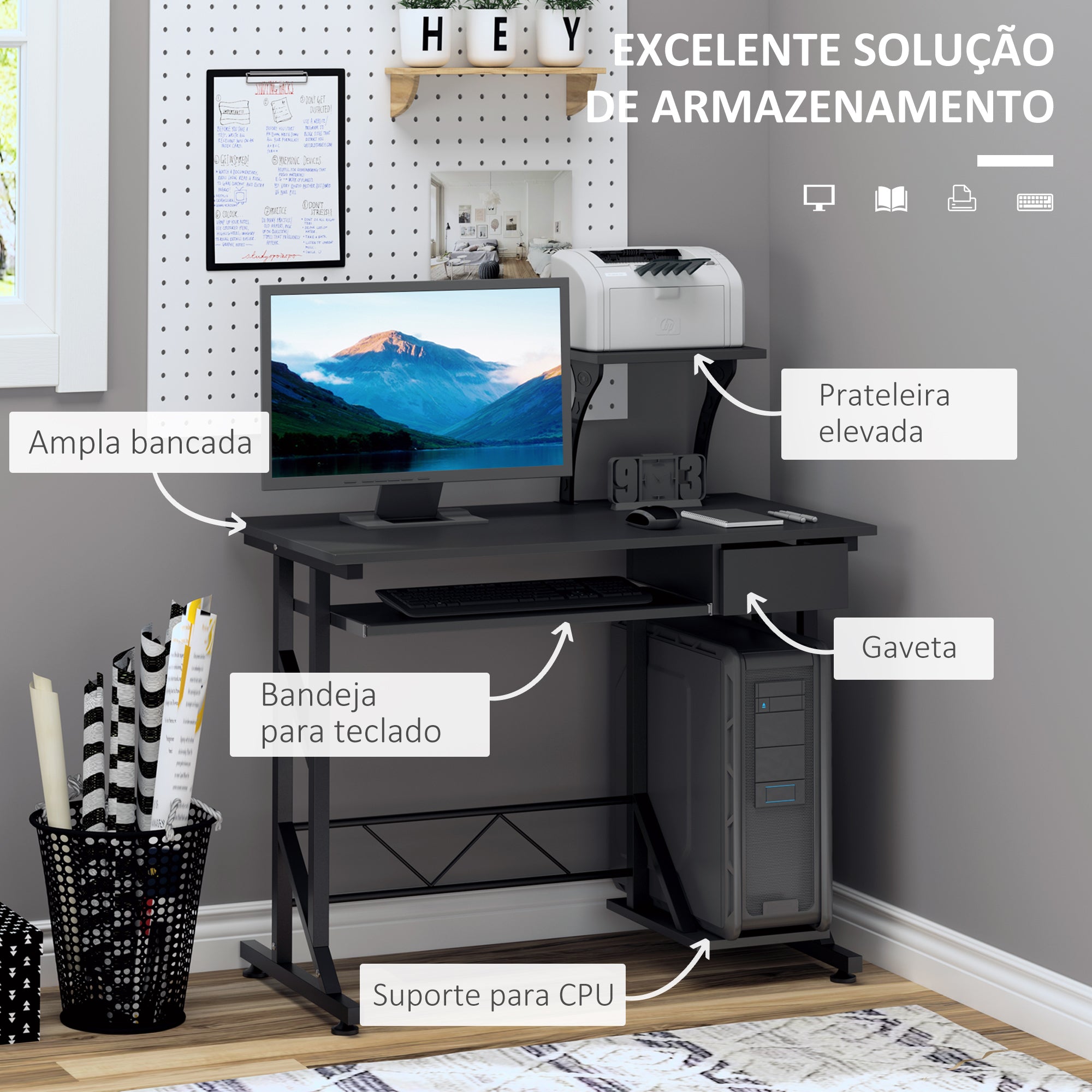Secretária de Computador com Gaveta e Suporte para CPU 90x50x95 cm - Cor Preto
