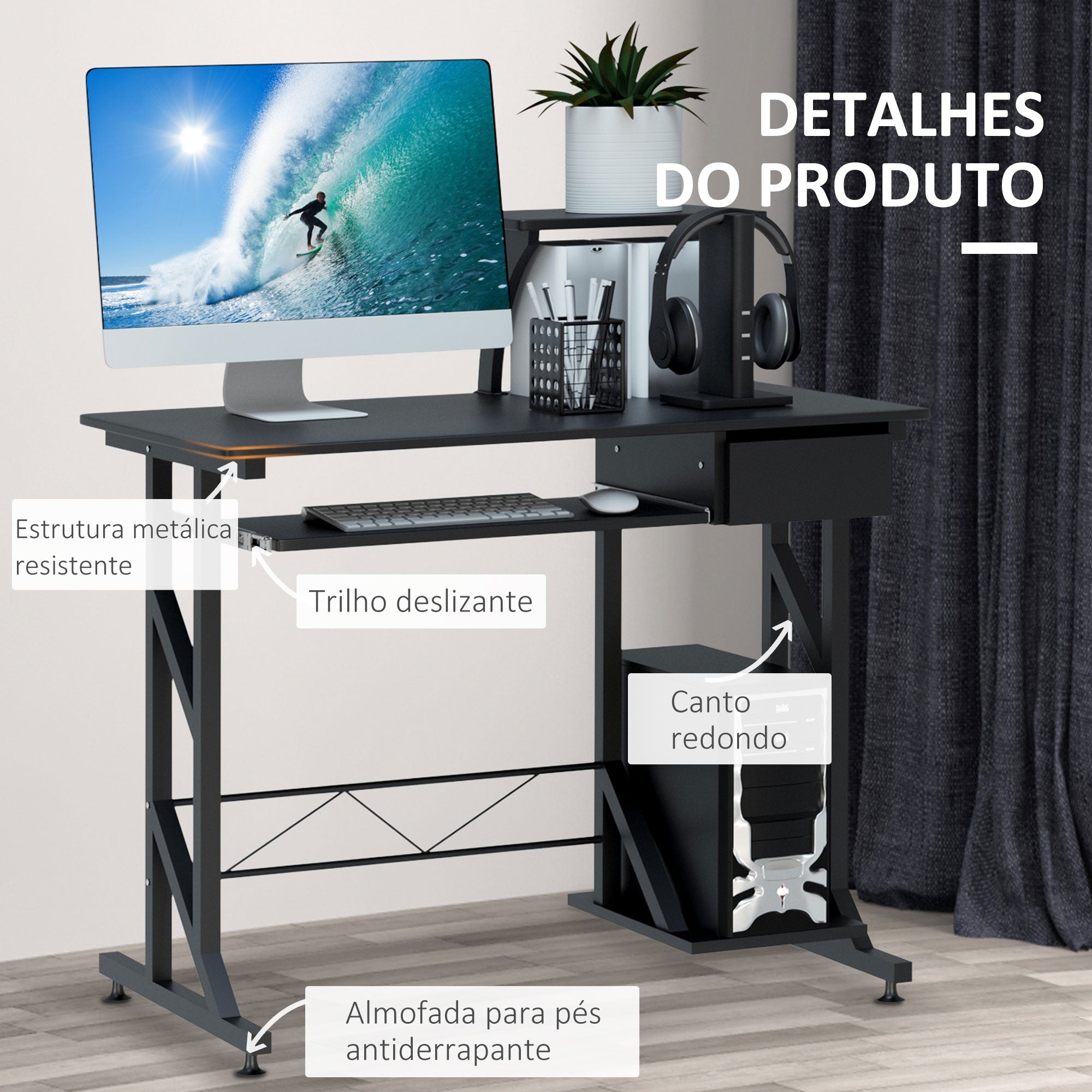 Secretária de Computador com Gaveta e Suporte para CPU 90x50x95 cm - Cor Preto