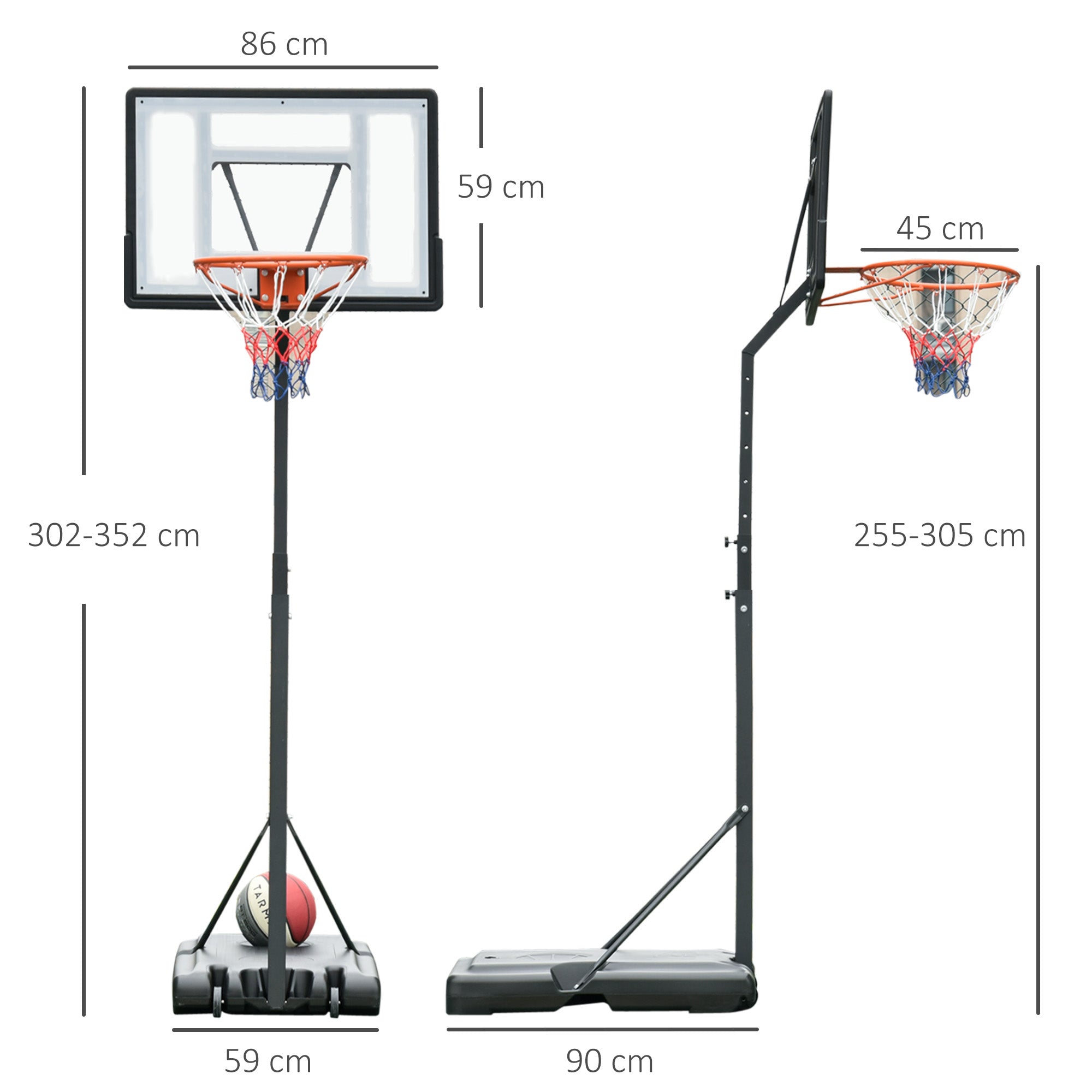 Tabela de Basquetebol Ajustável em Altura 86x165x350 cm - Cor Preto