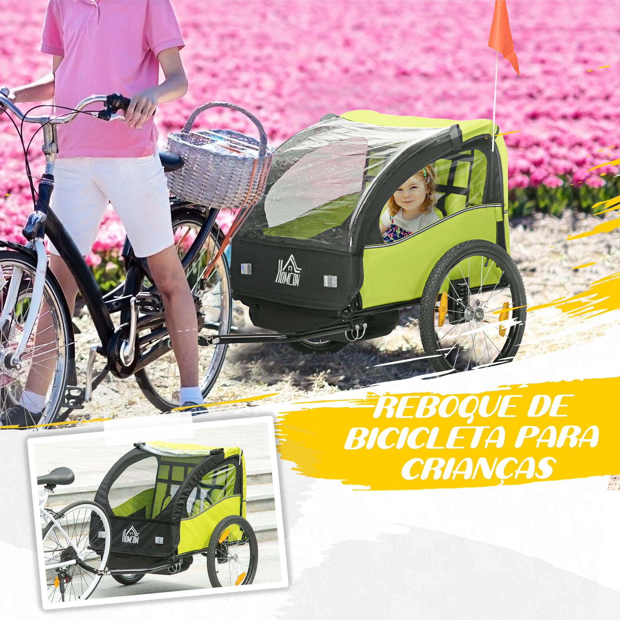 Reboque de Bicicleta para Crianças com 2 Lugares Verde 140x88x90 cm