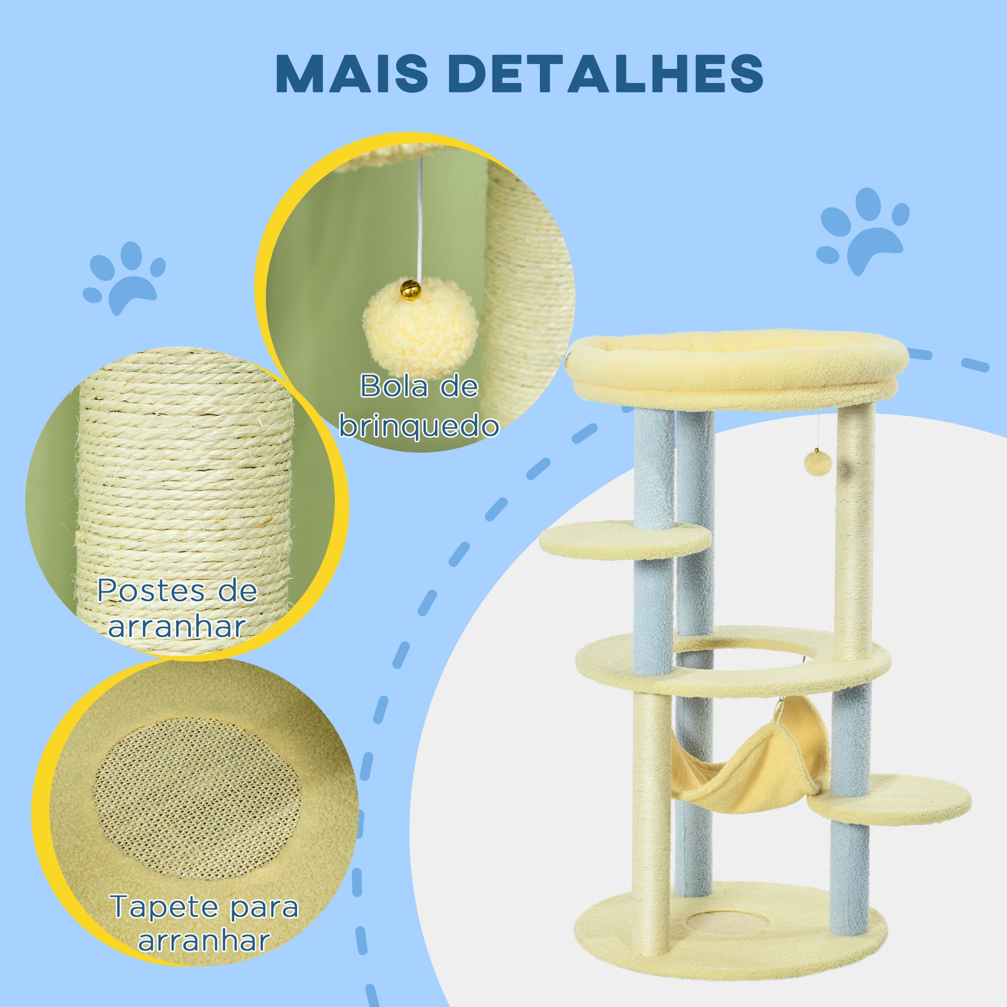 Arranhador para Gatos Médio 110 cm - Amarelo, Azul e Bege