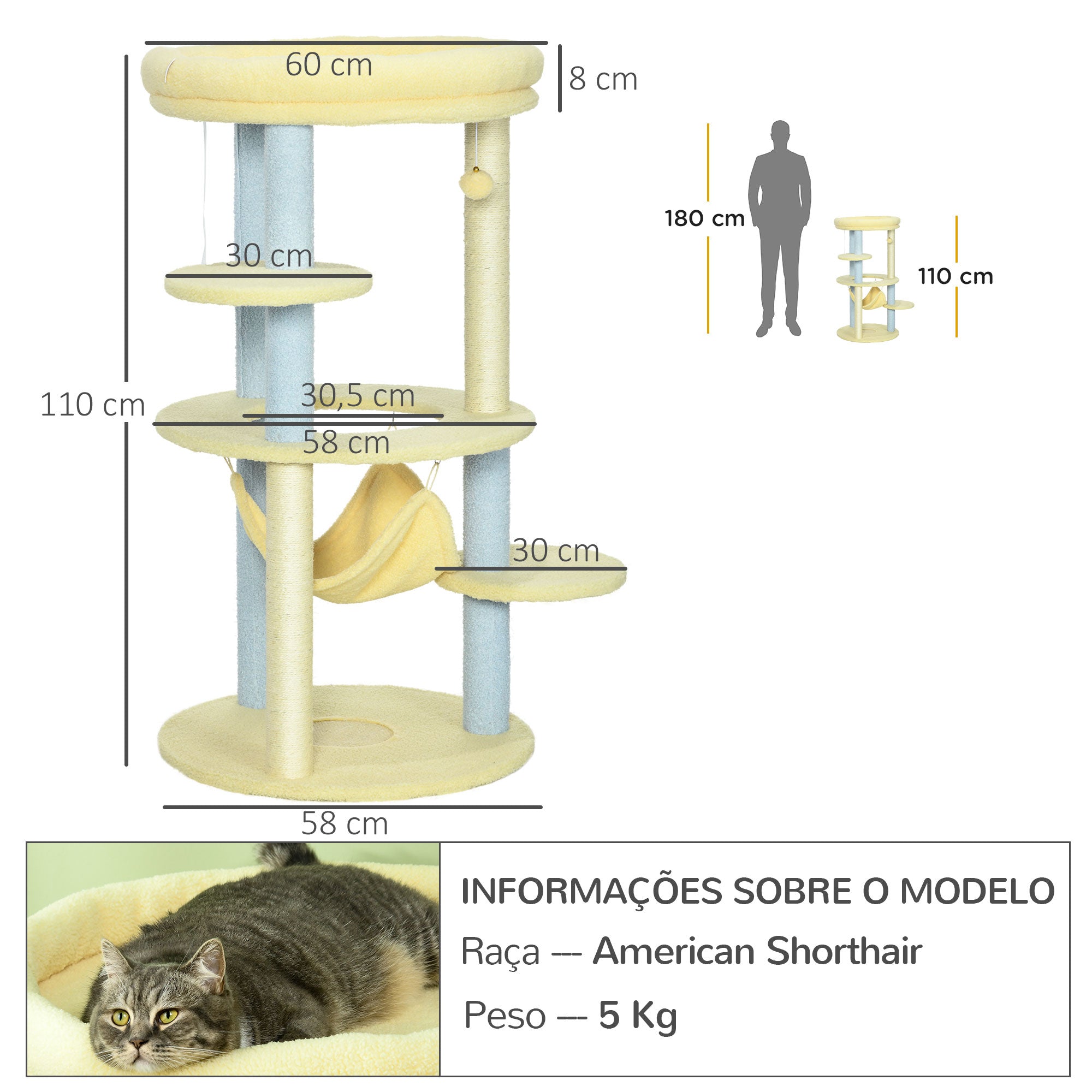 Arranhador para Gatos Médio 110 cm - Amarelo, Azul e Bege