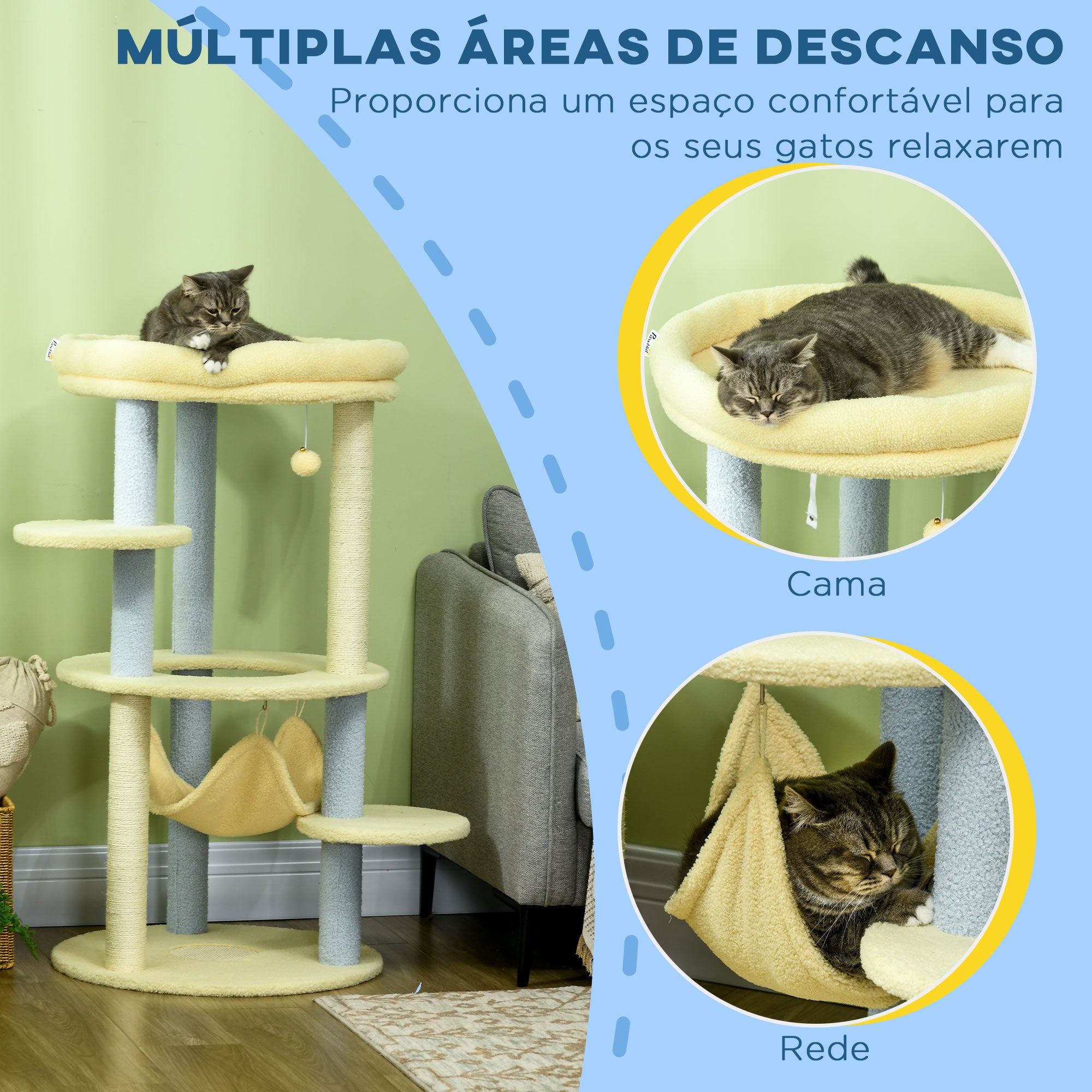 Arranhador para Gatos Médio 110 cm - Amarelo, Azul e Bege