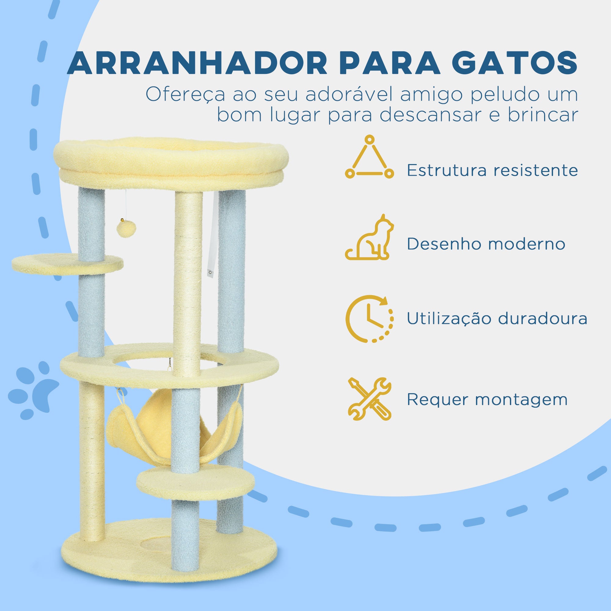 Arranhador para Gatos Médio 110 cm - Amarelo, Azul e Bege