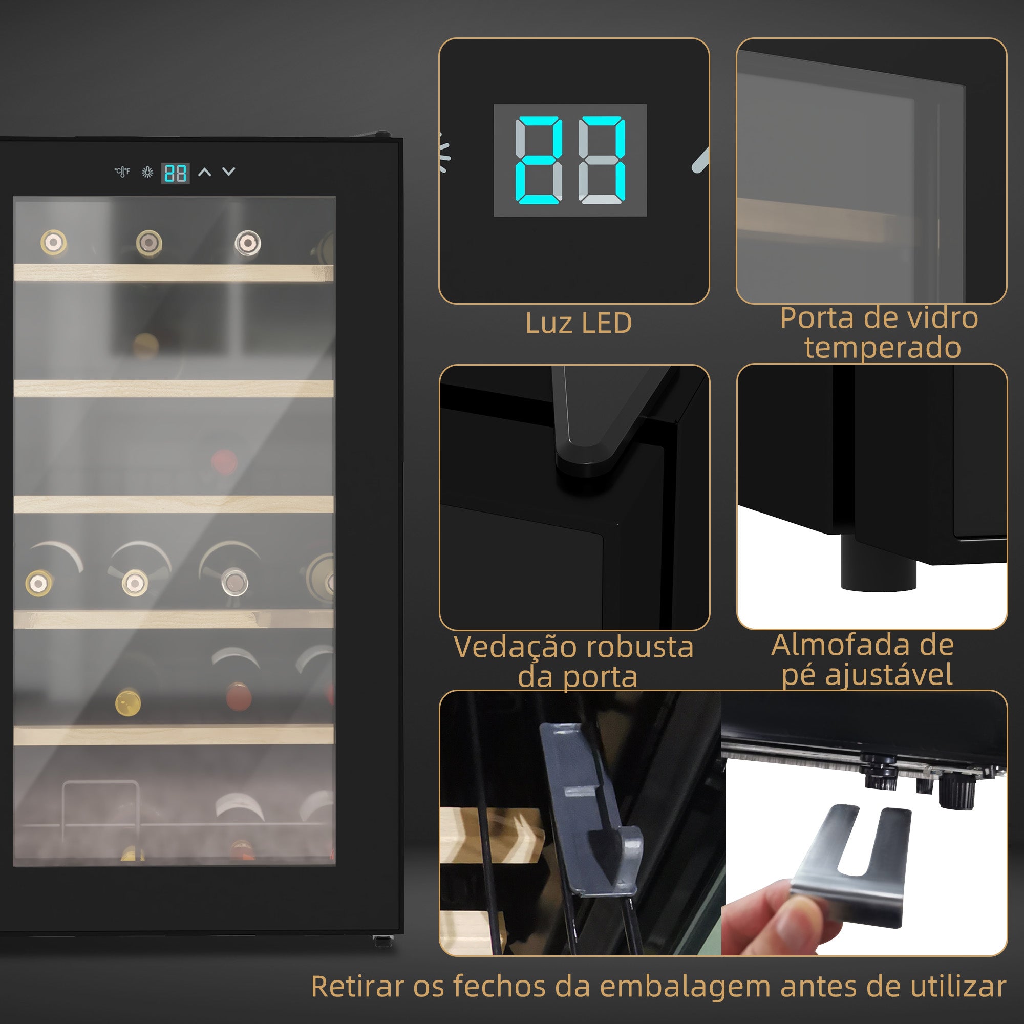 Garrafeira com Sistema de Refrigeração 65L Preto 43x45x75 cm com Luz LED e Controlo de Temperatura