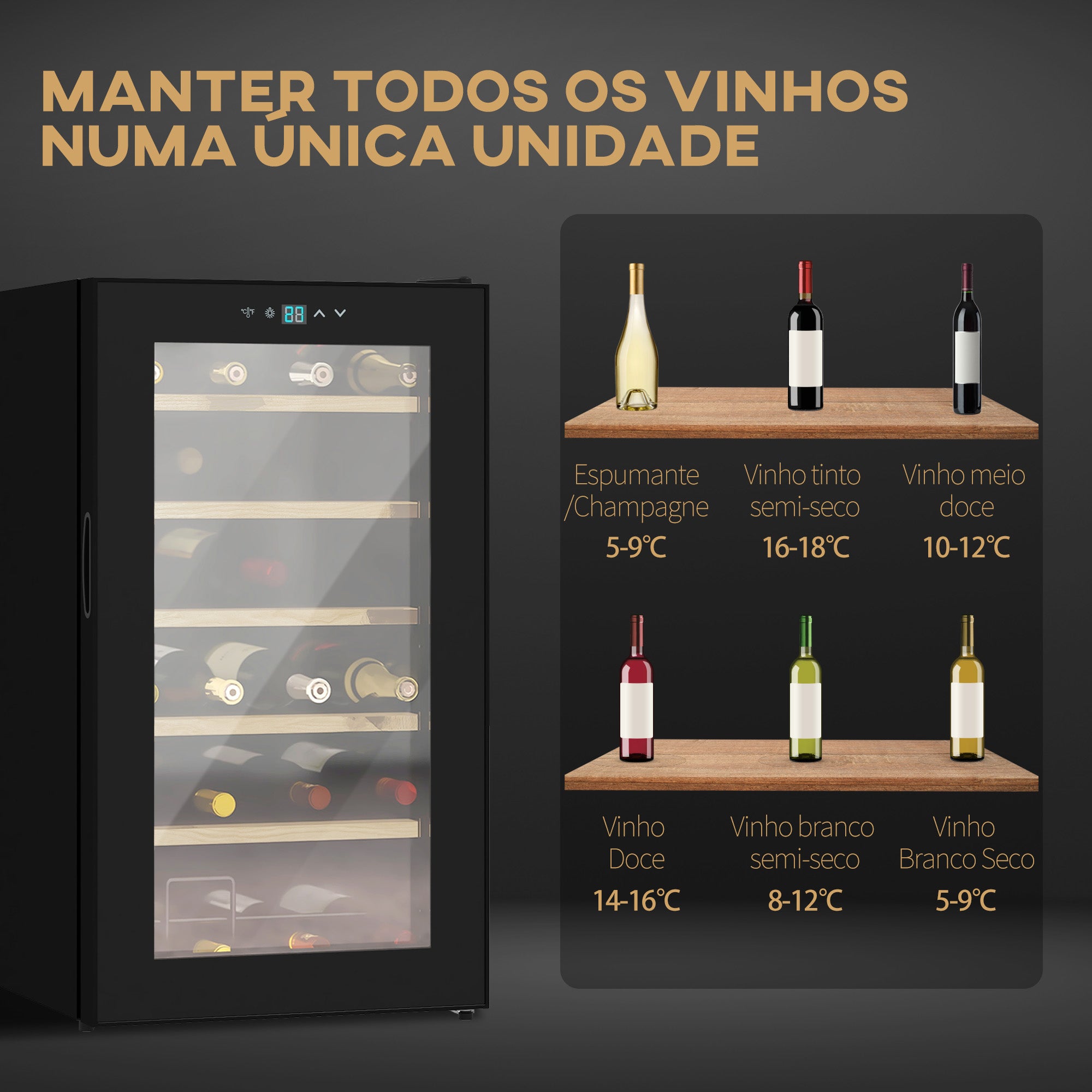 Garrafeira com Sistema de Refrigeração 65L Preto 43x45x75 cm com Luz LED e Controlo de Temperatura