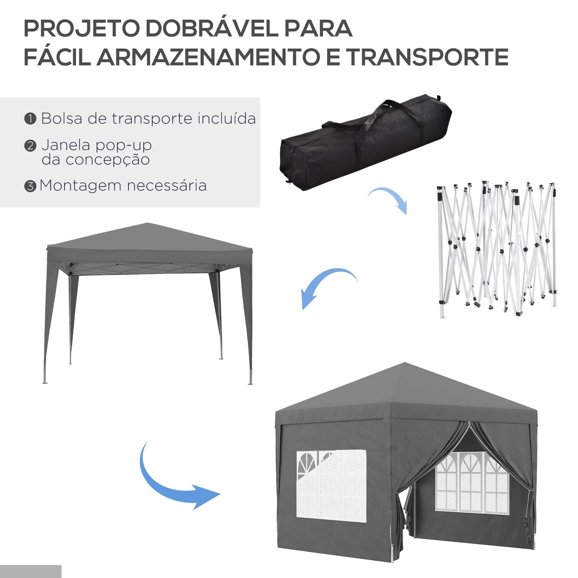 Tenda de Jardim Cinzenta 295x295x195-258 cm com Paredes Amovíveis e Bolsa de Transporte