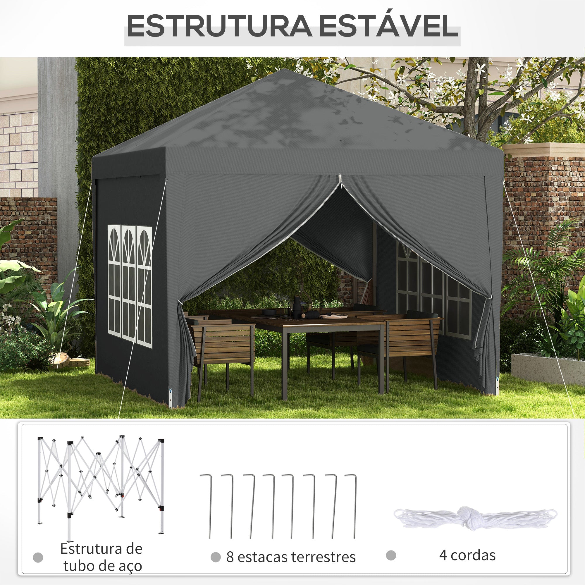 Tenda de Jardim Cinzenta 295x295x195-258 cm com Paredes Amovíveis e Bolsa de Transporte
