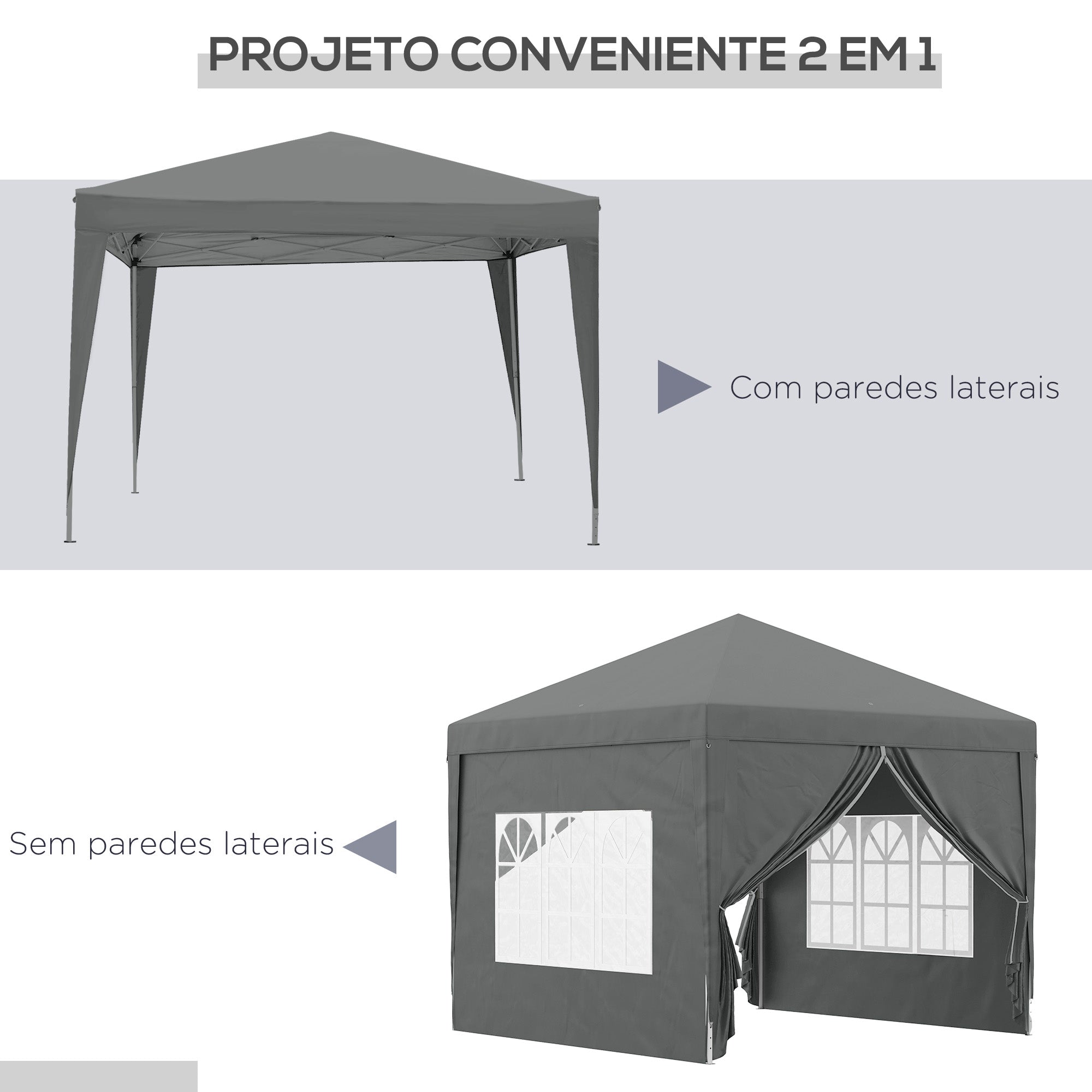 Tenda de Jardim Cinzenta 295x295x195-258 cm com Paredes Amovíveis e Bolsa de Transporte
