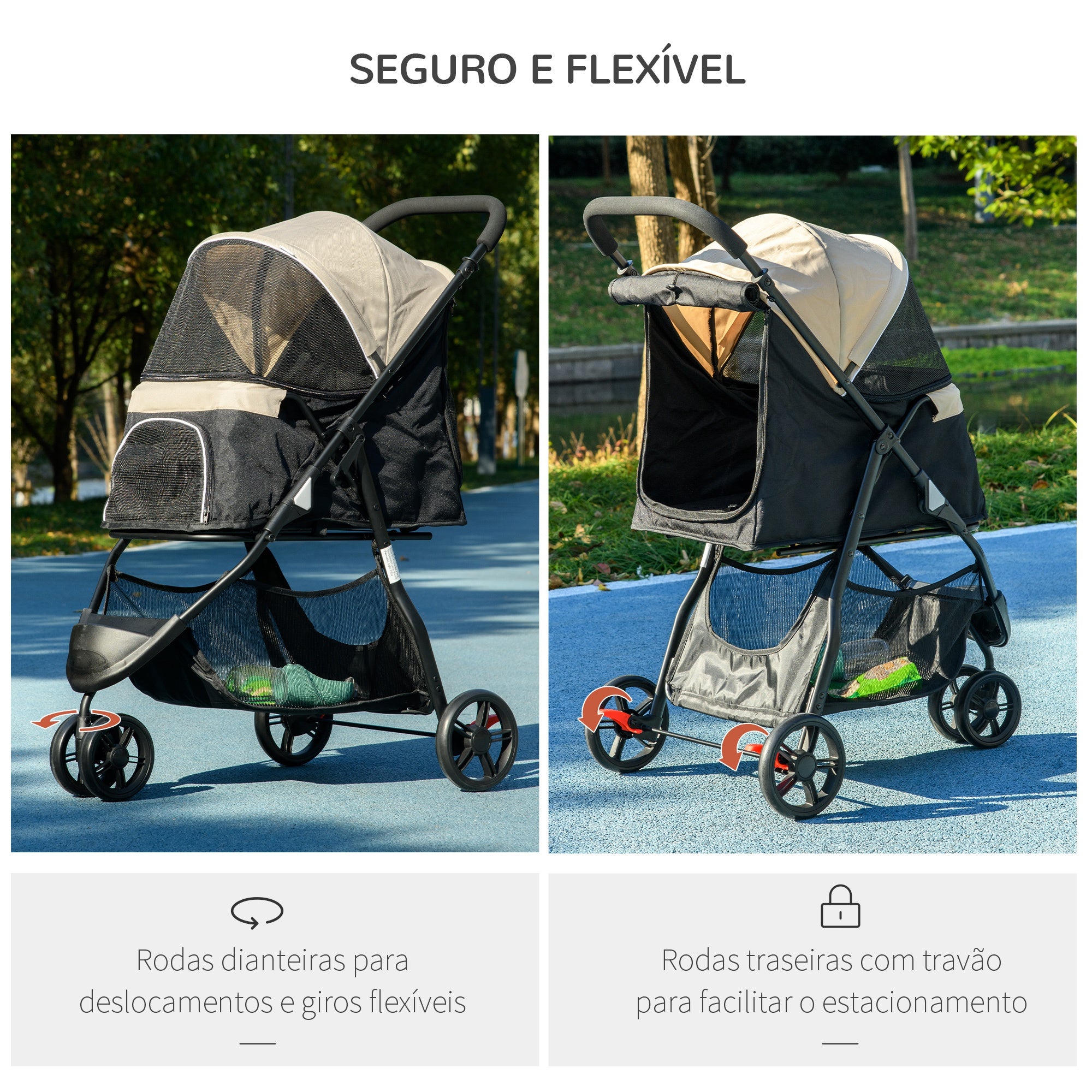 Carrinho para Cães Dobrável com Capa de Chuva - Cor Cáqui 80,5x51,5x100 cm