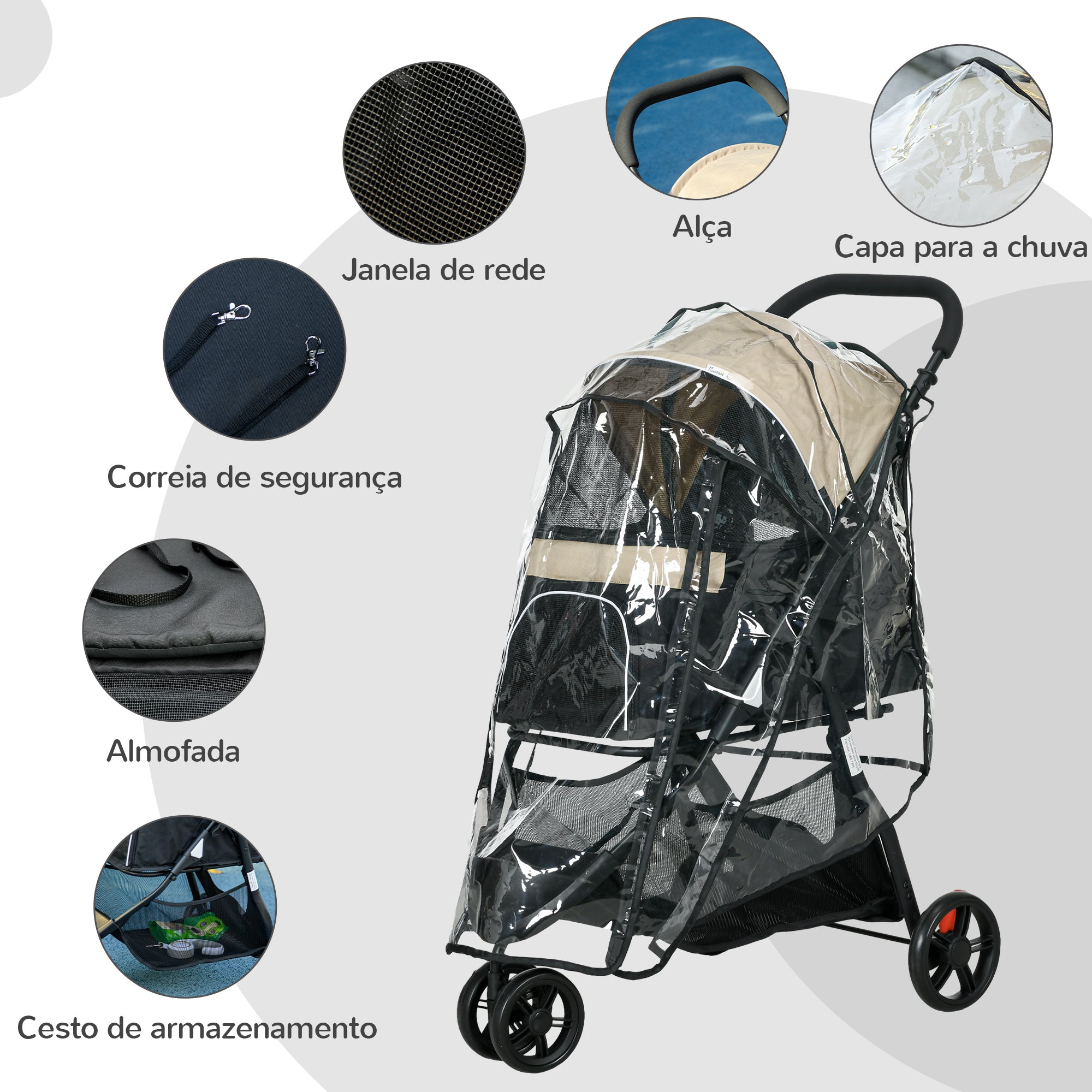 Carrinho para Cães Dobrável com Capa de Chuva - Cor Cáqui 80,5x51,5x100 cm