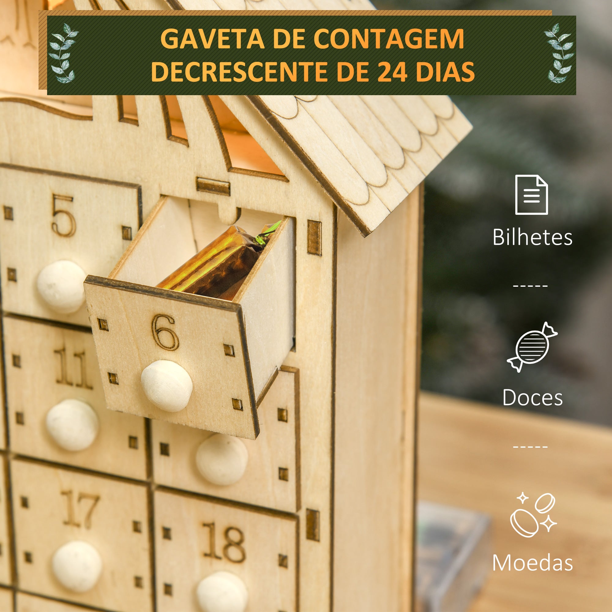 Calendário de Advento de Madeira – 26,6x6x30 cm – Cor de Madeira Natural