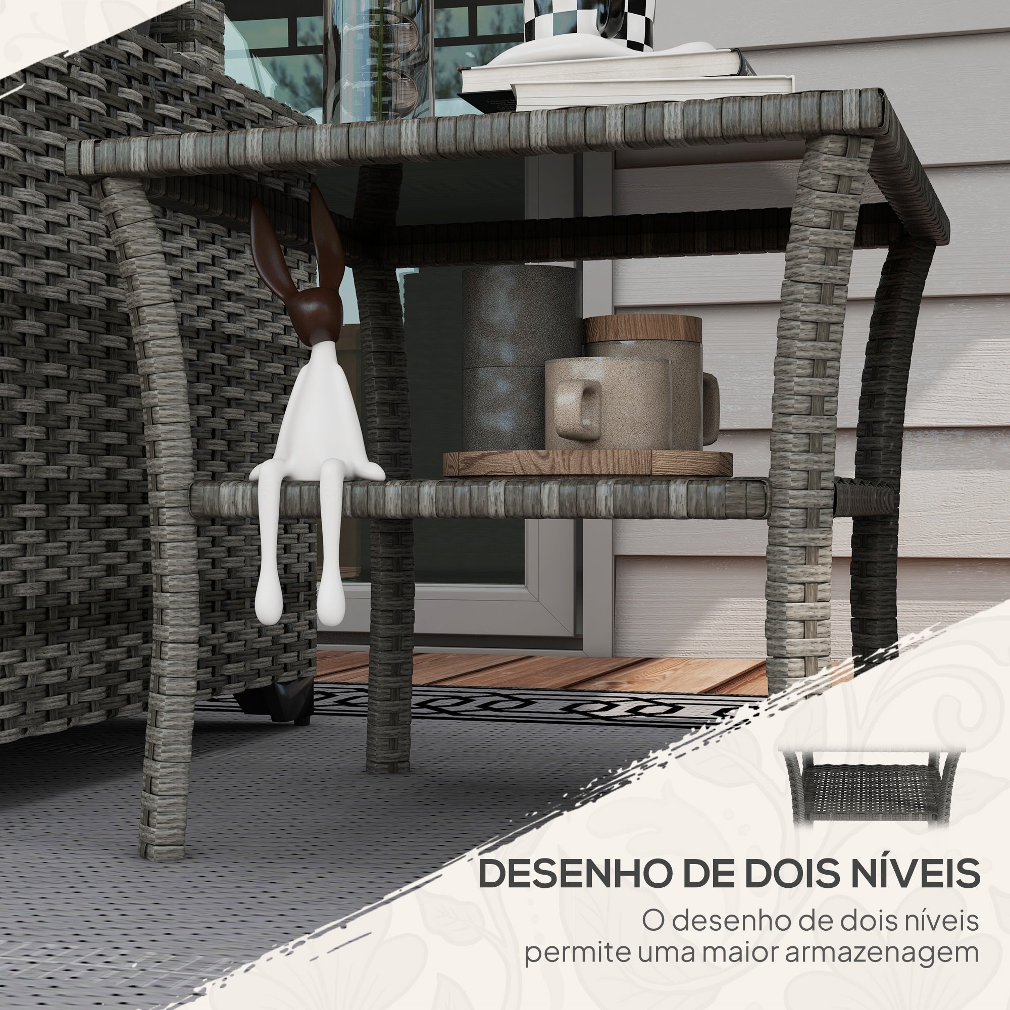 Mesa de Vime Quadrada 50x50x45 cm Cinzento