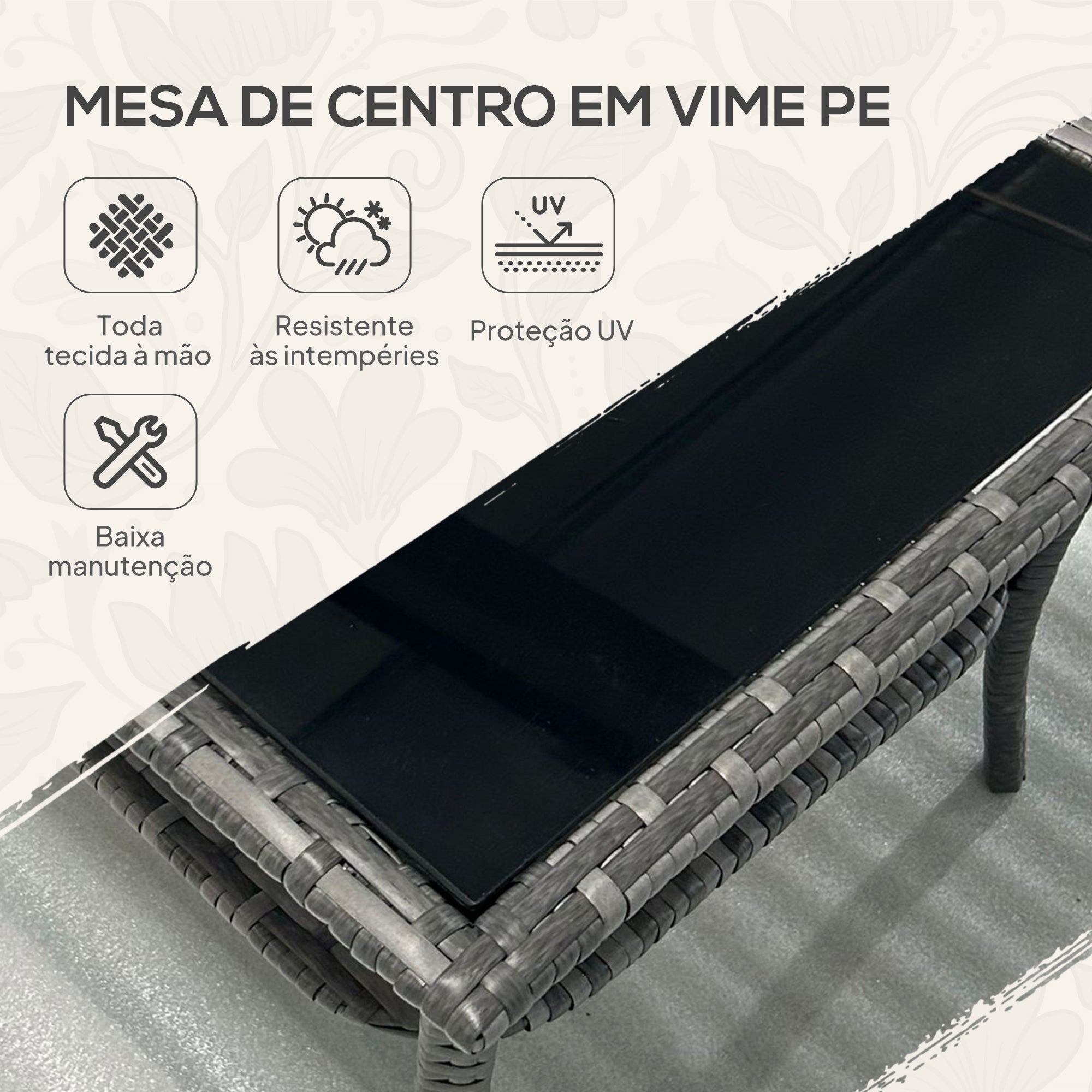 Mesa de Vime Quadrada 50x50x45 cm Cinzento