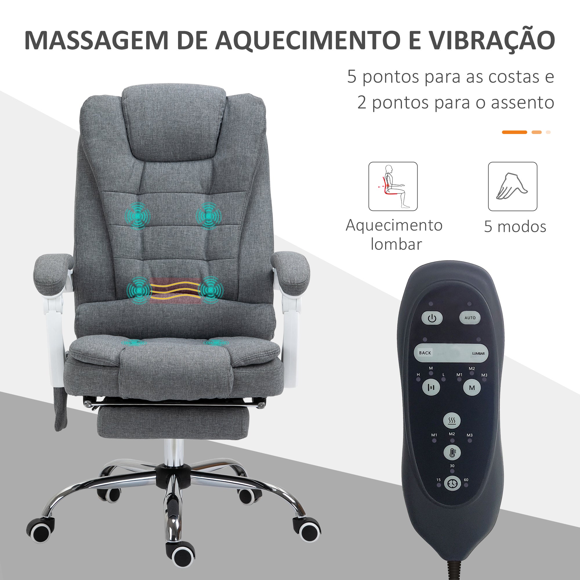 Cadeira de Escritório com Massagem e Aquecimento 65x70x119 cm Cinzento