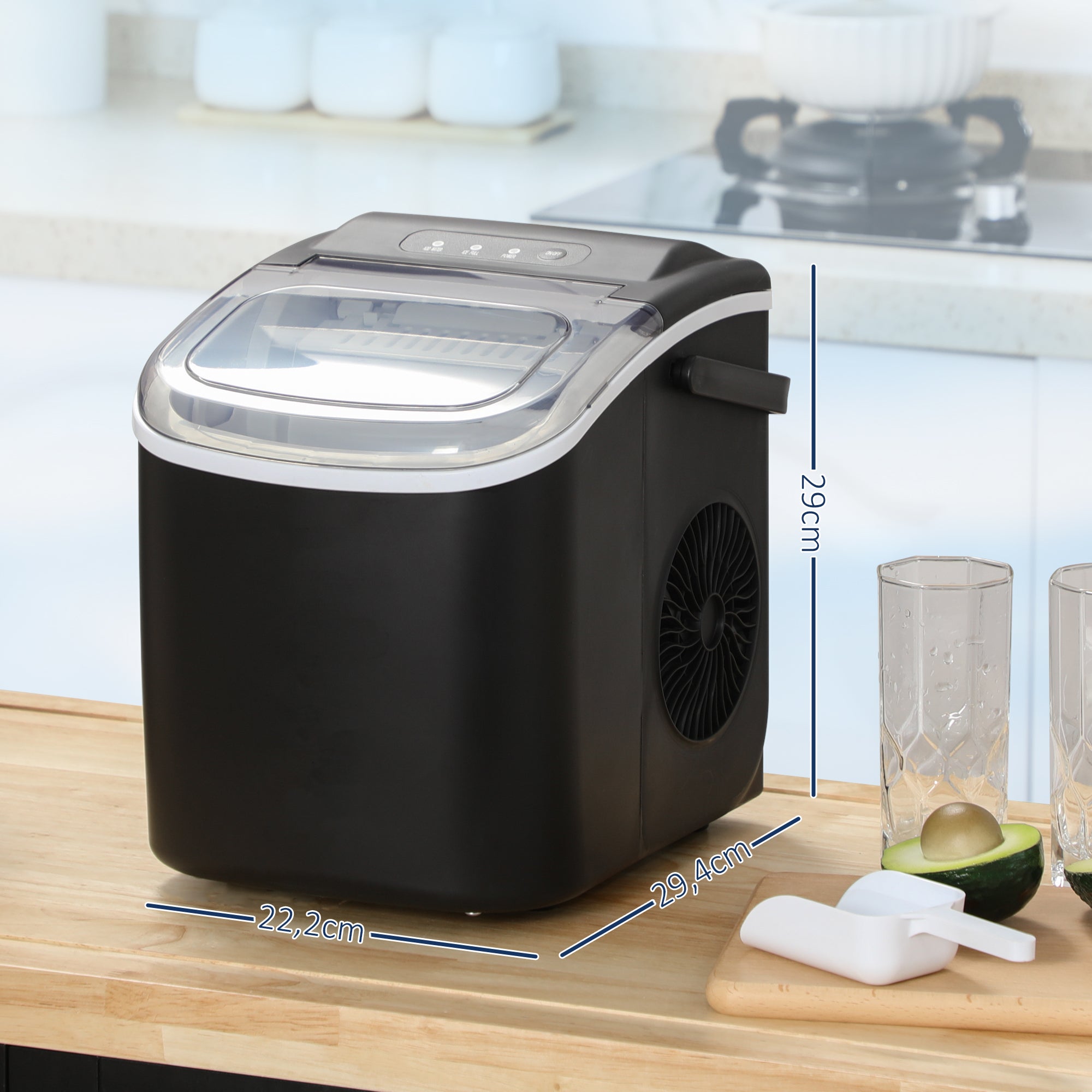 Máquina de Fazer Gelo Doméstica – 22.2x29.4x29 cm – Preto – Polipropileno (PP), metal