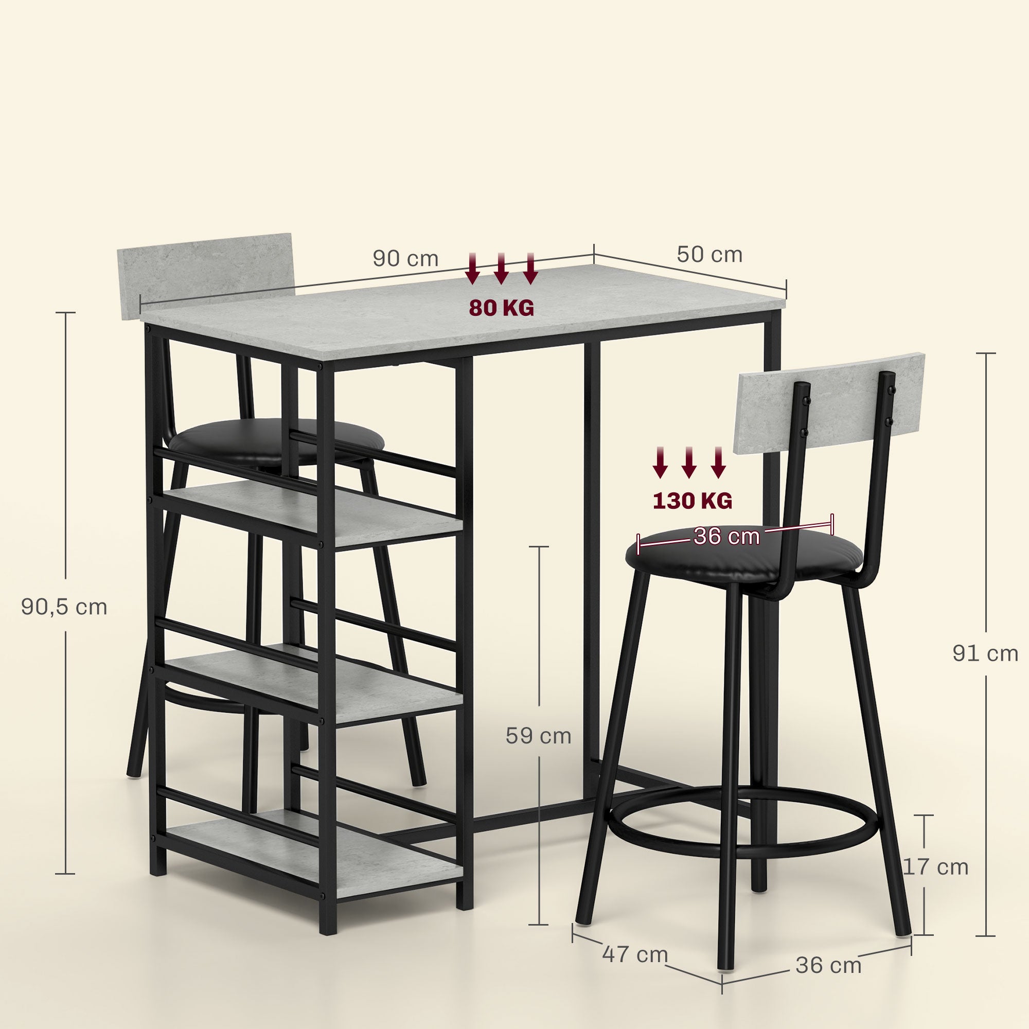 Conjunto de Mesa Alta de Bar Cinza Escuro 90x50x90,5 cm com 2 Bancos