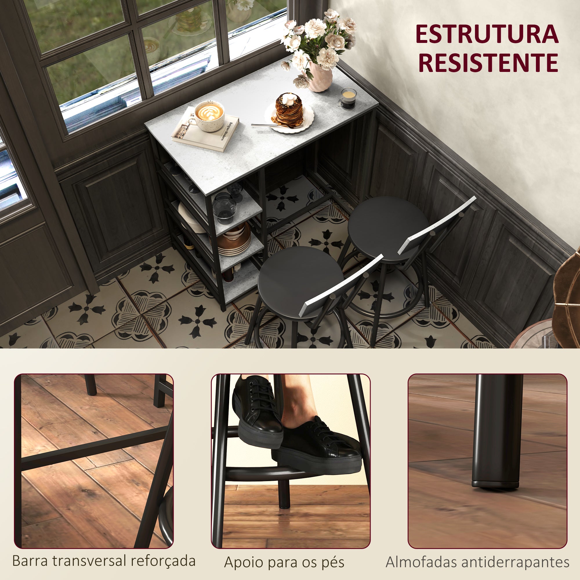 Conjunto de Mesa Alta de Bar Cinza Escuro 90x50x90,5 cm com 2 Bancos