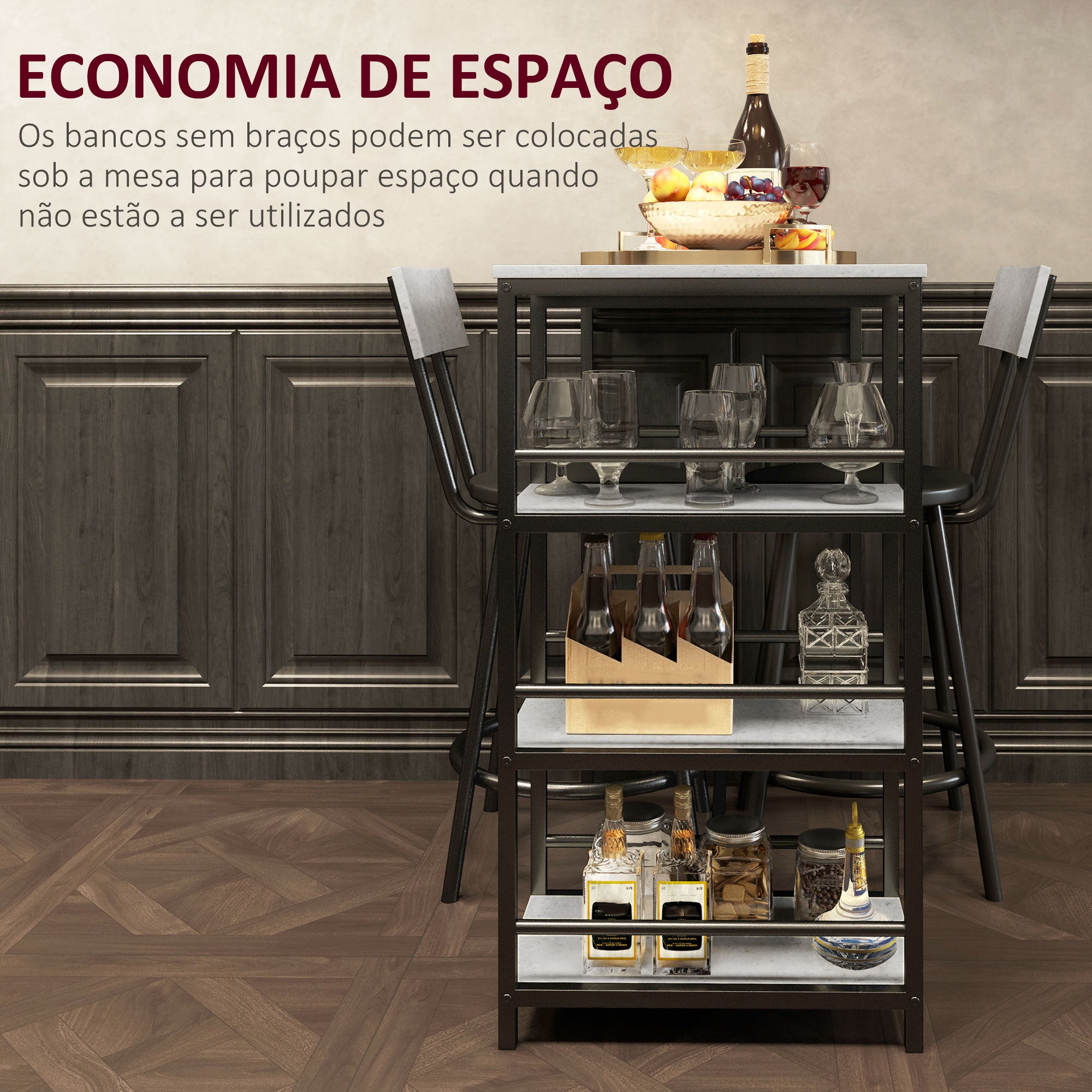 Conjunto de Mesa Alta de Bar Cinza Escuro 90x50x90,5 cm com 2 Bancos