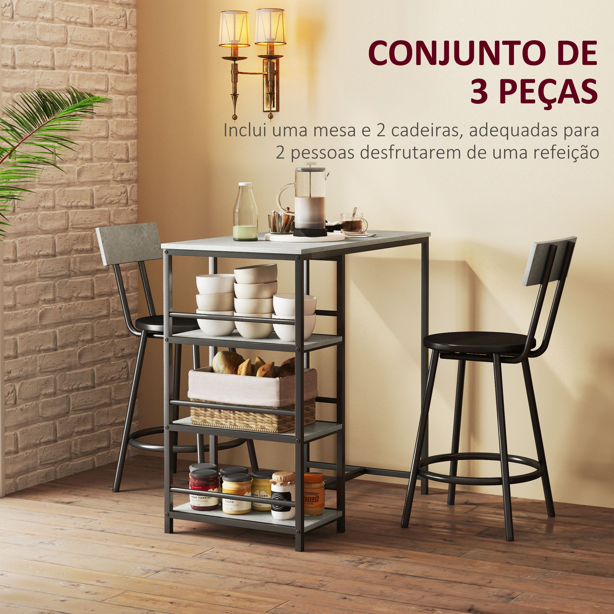 Conjunto de Mesa Alta de Bar Cinza Escuro 90x50x90,5 cm com 2 Bancos