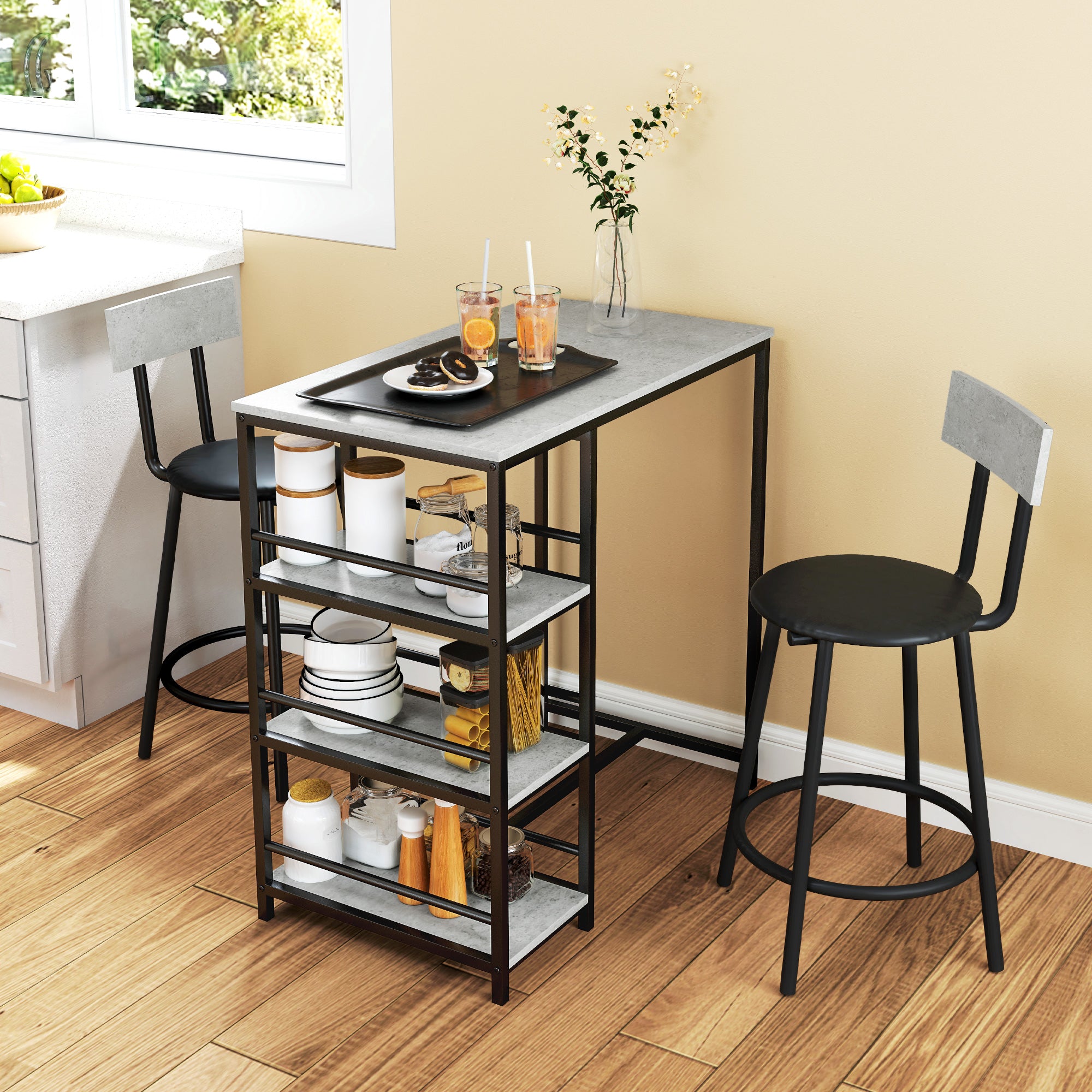 Conjunto de Mesa Alta de Bar Cinza Escuro 90x50x90,5 cm com 2 Bancos