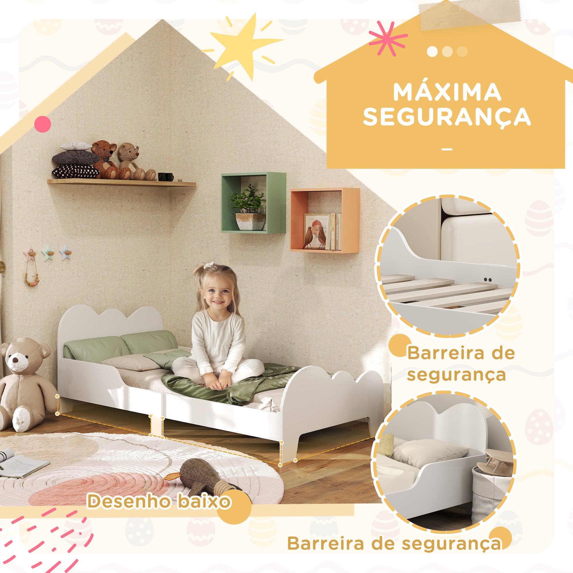 Cama Infantil com Desenho de Núvem e Barreira de Segurança - 143,5x74,5x56 cm - Branco