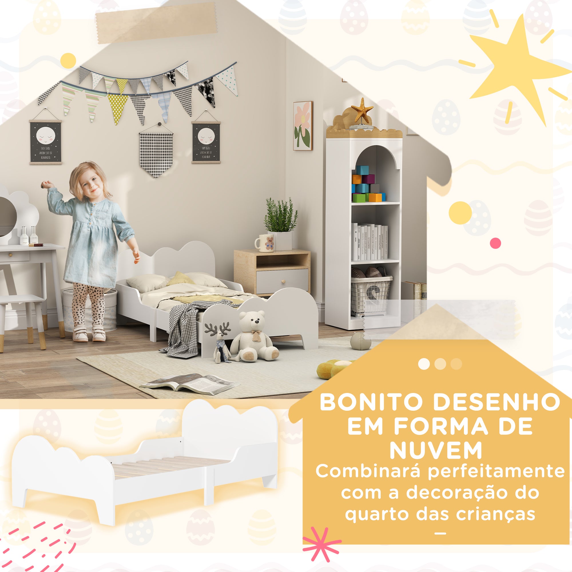 Cama Infantil com Desenho de Núvem e Barreira de Segurança - 143,5x74,5x56 cm - Branco