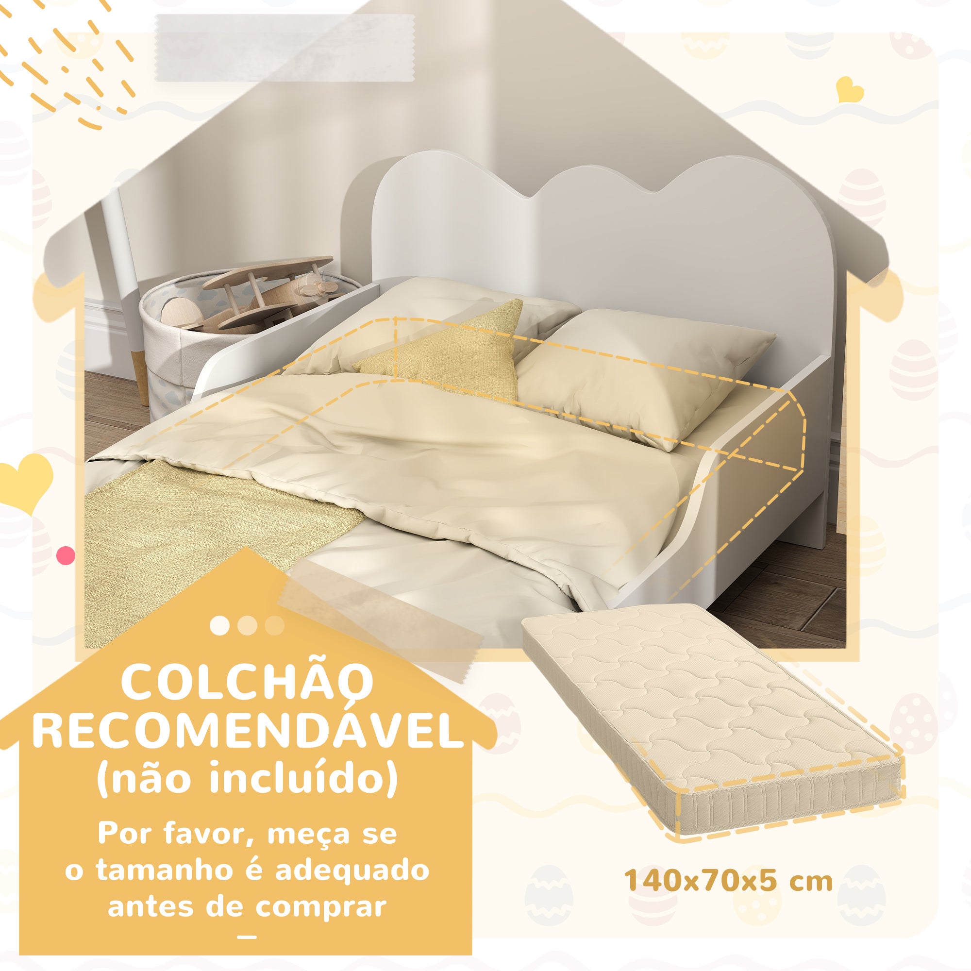 Cama Infantil com Desenho de Núvem e Barreira de Segurança - 143,5x74,5x56 cm - Branco