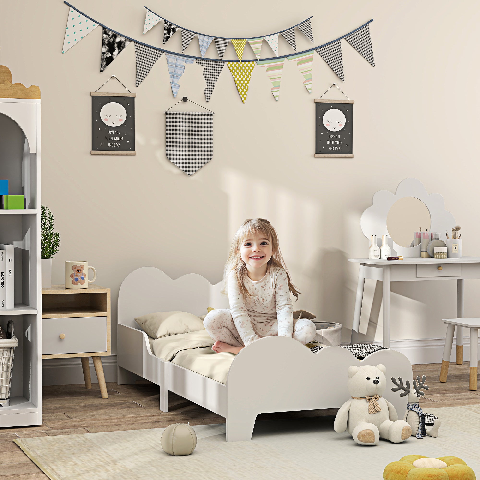 Cama Infantil com Desenho de Núvem e Barreira de Segurança - 143,5x74,5x56 cm - Branco