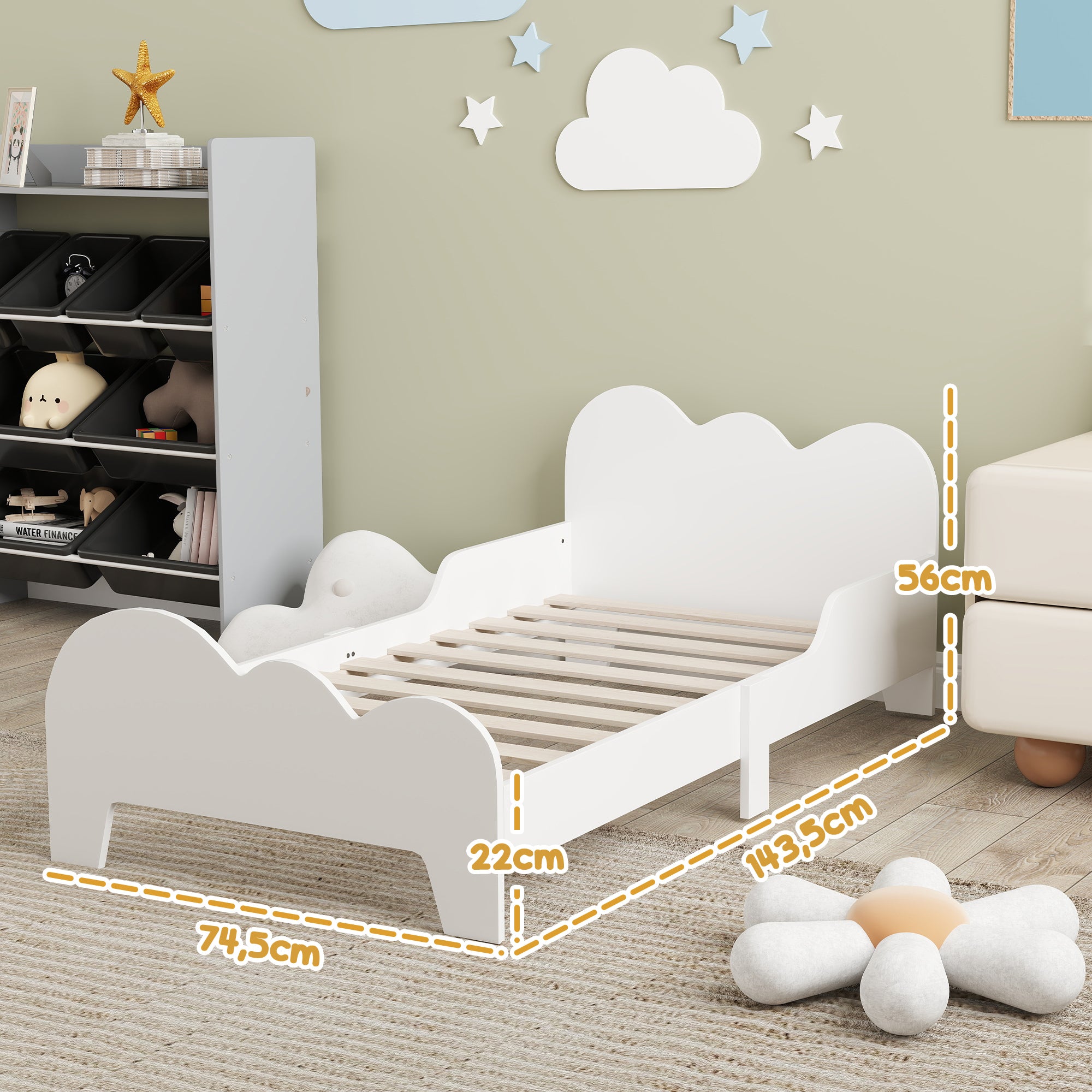 Cama Infantil com Desenho de Núvem e Barreira de Segurança - 143,5x74,5x56 cm - Branco