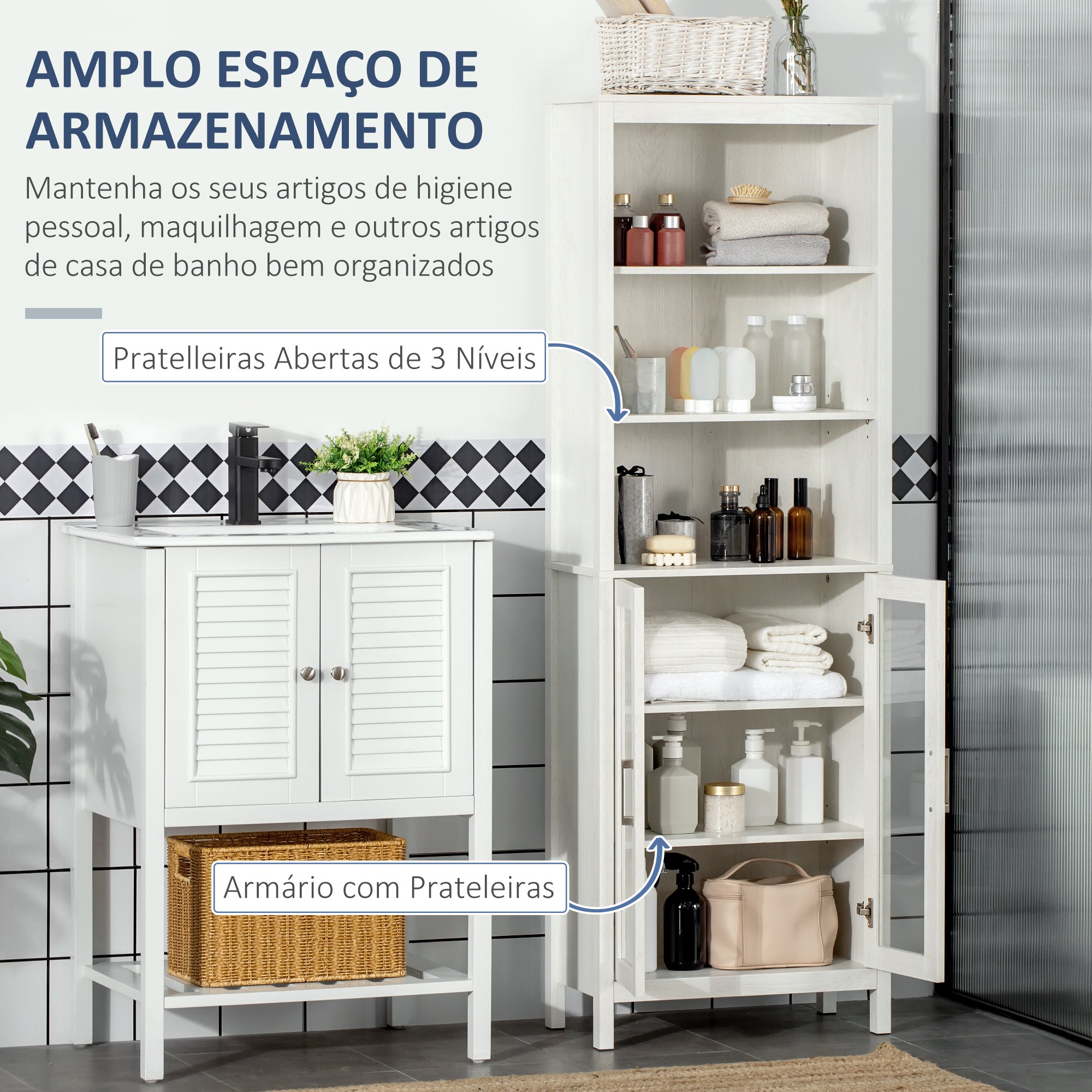 Armário Alto de Casa de Banho com 2 Portas de Vidro e 3 Prateleiras Branco 53x30x162cm