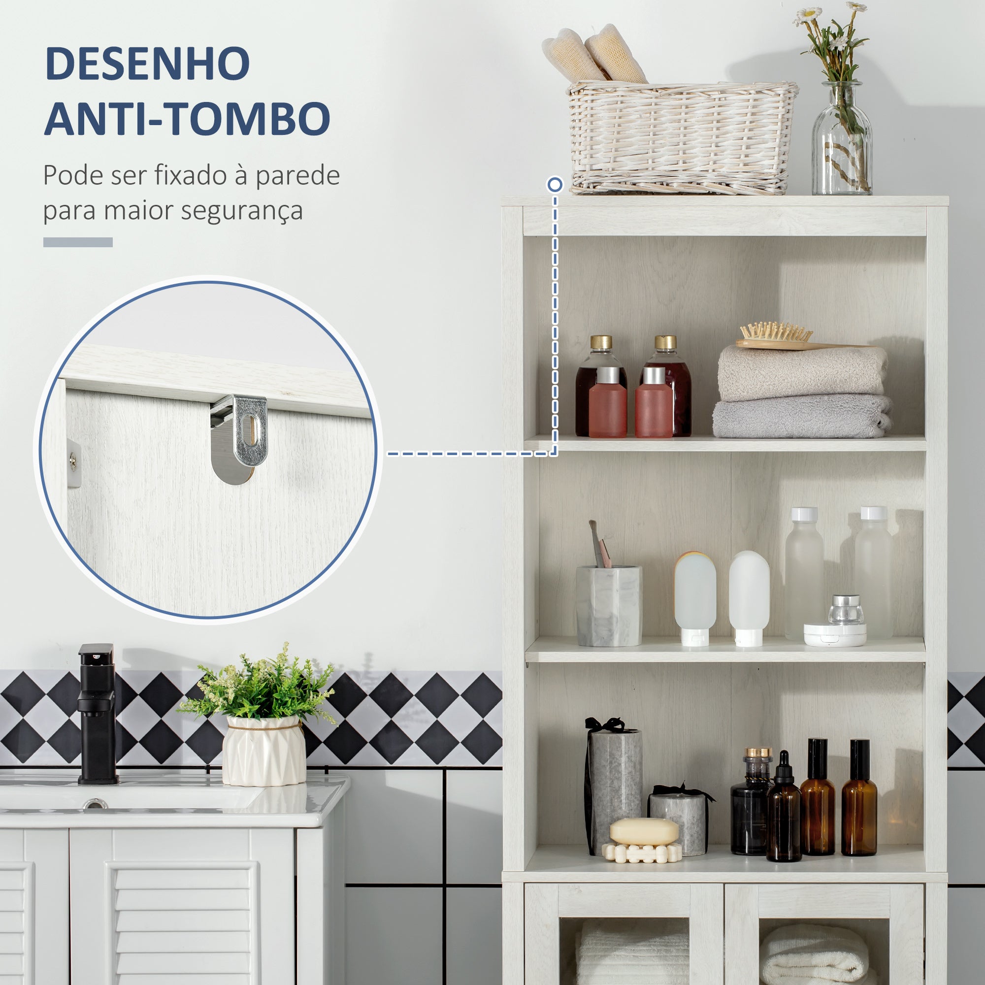 Armário Alto de Casa de Banho com 2 Portas de Vidro e 3 Prateleiras Branco 53x30x162cm