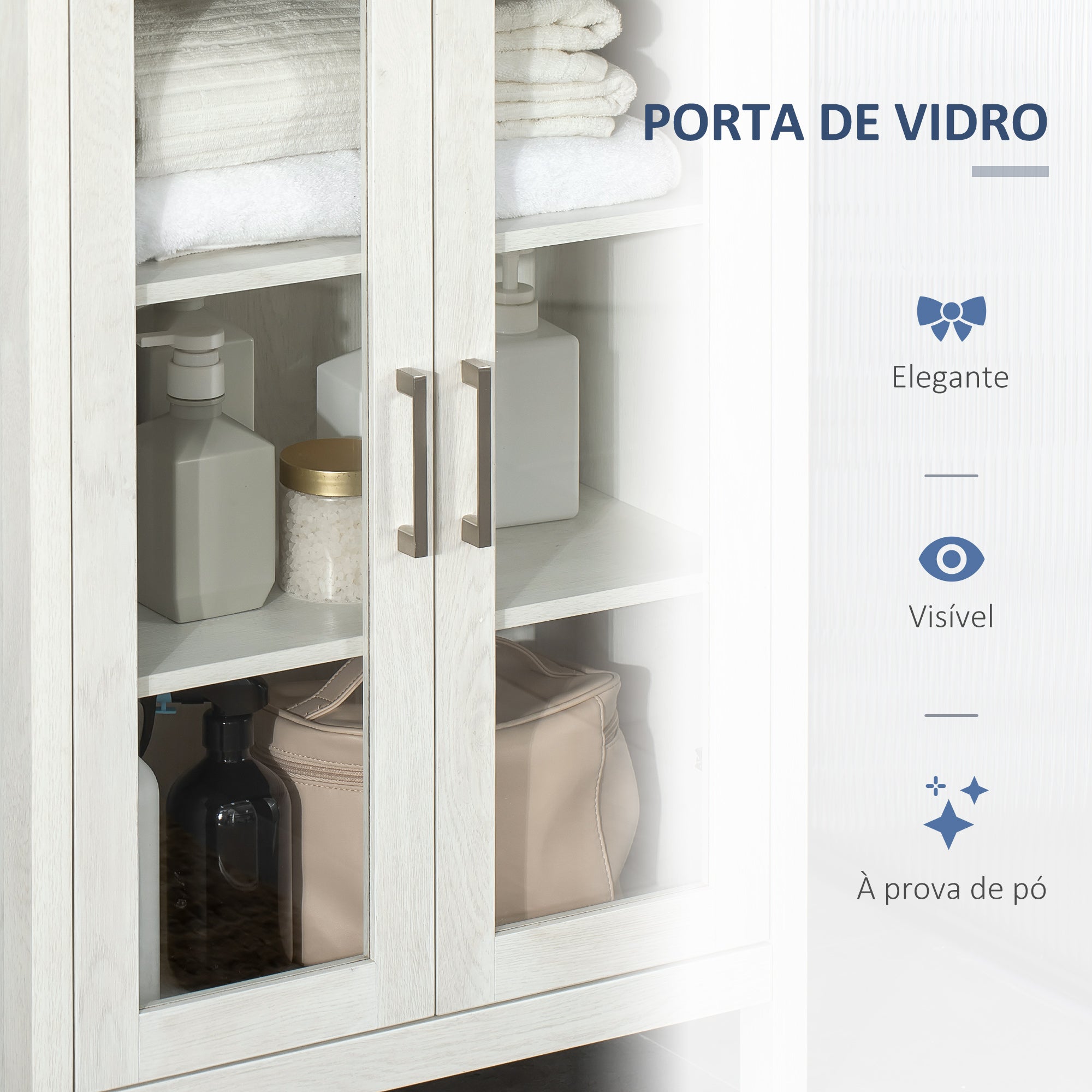 Armário Alto de Casa de Banho com 2 Portas de Vidro e 3 Prateleiras Branco 53x30x162cm