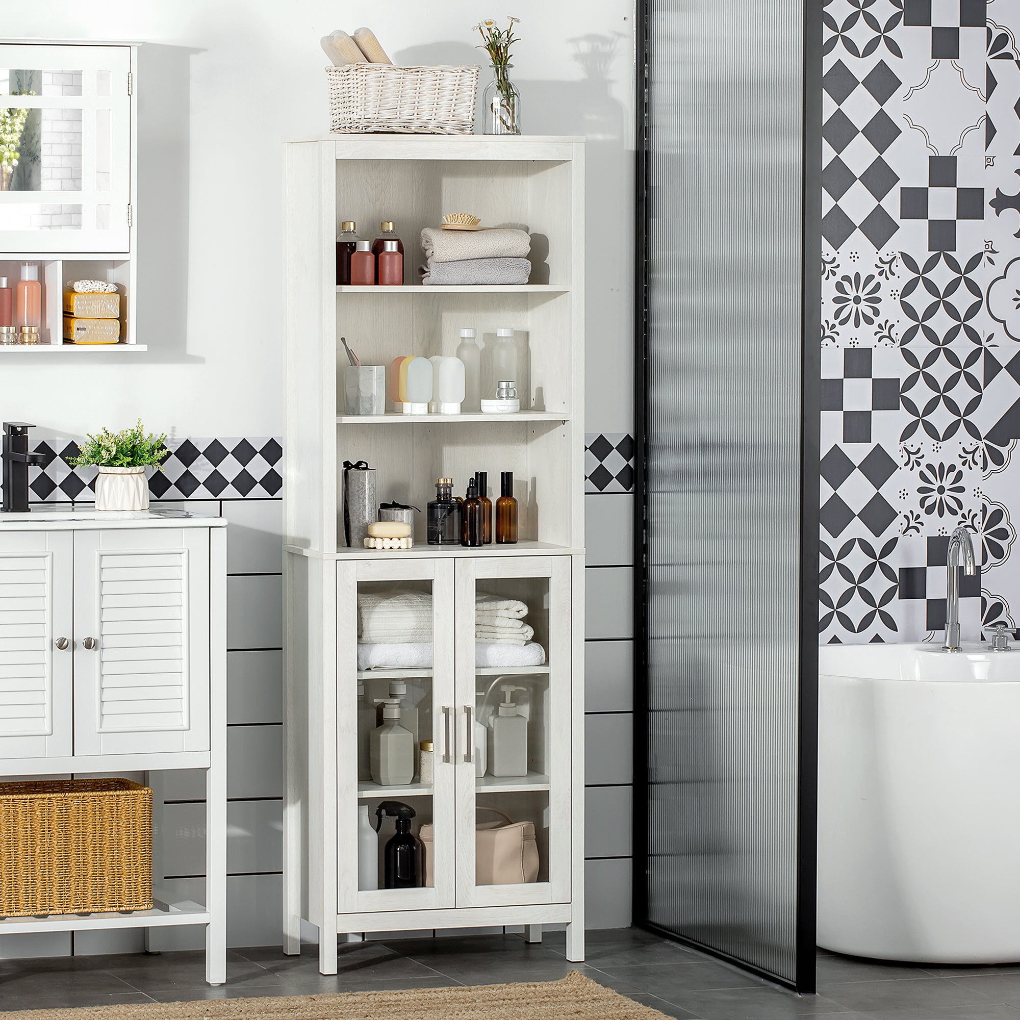 Armário Alto de Casa de Banho com 2 Portas de Vidro e 3 Prateleiras Branco 53x30x162cm