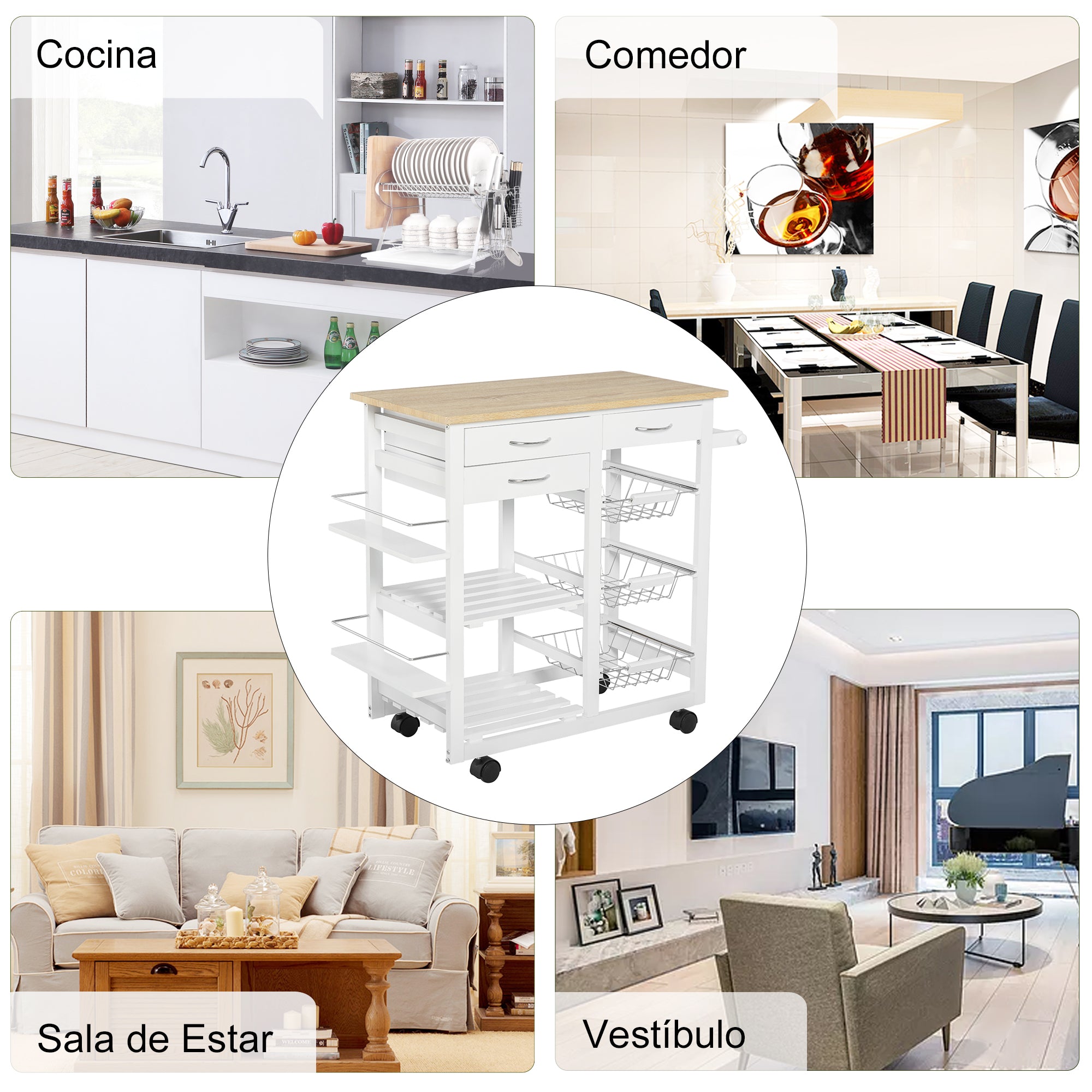 Carrinho de Cozinha Multifuncional Branco 92x37x82 cm