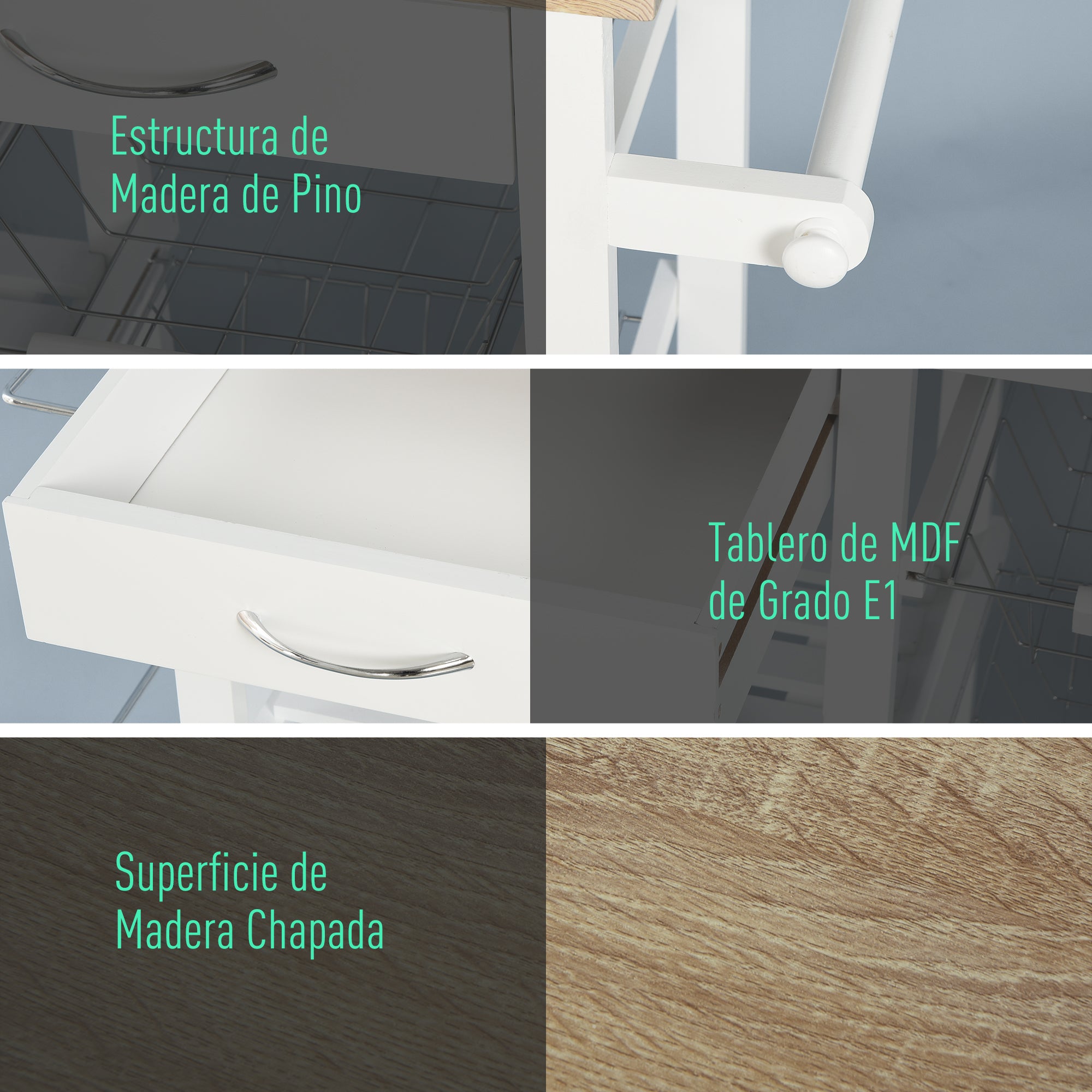 Carrinho de Cozinha Multifuncional Branco 92x37x82 cm